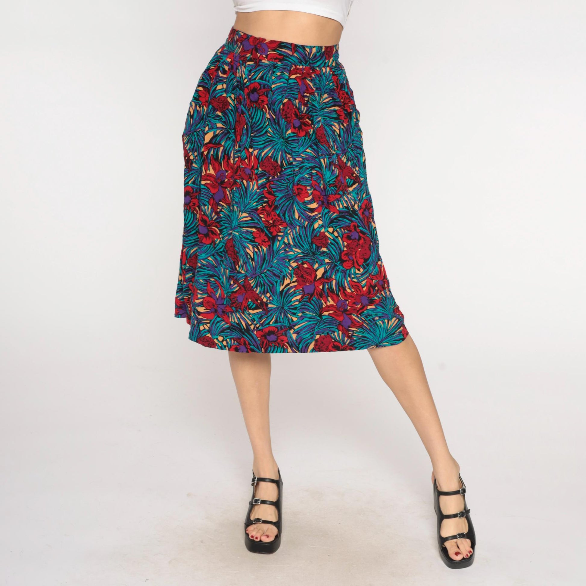 90s Tropical Palm Floral Maxi Skirt Turquoise Purple Elastic Waist Medium