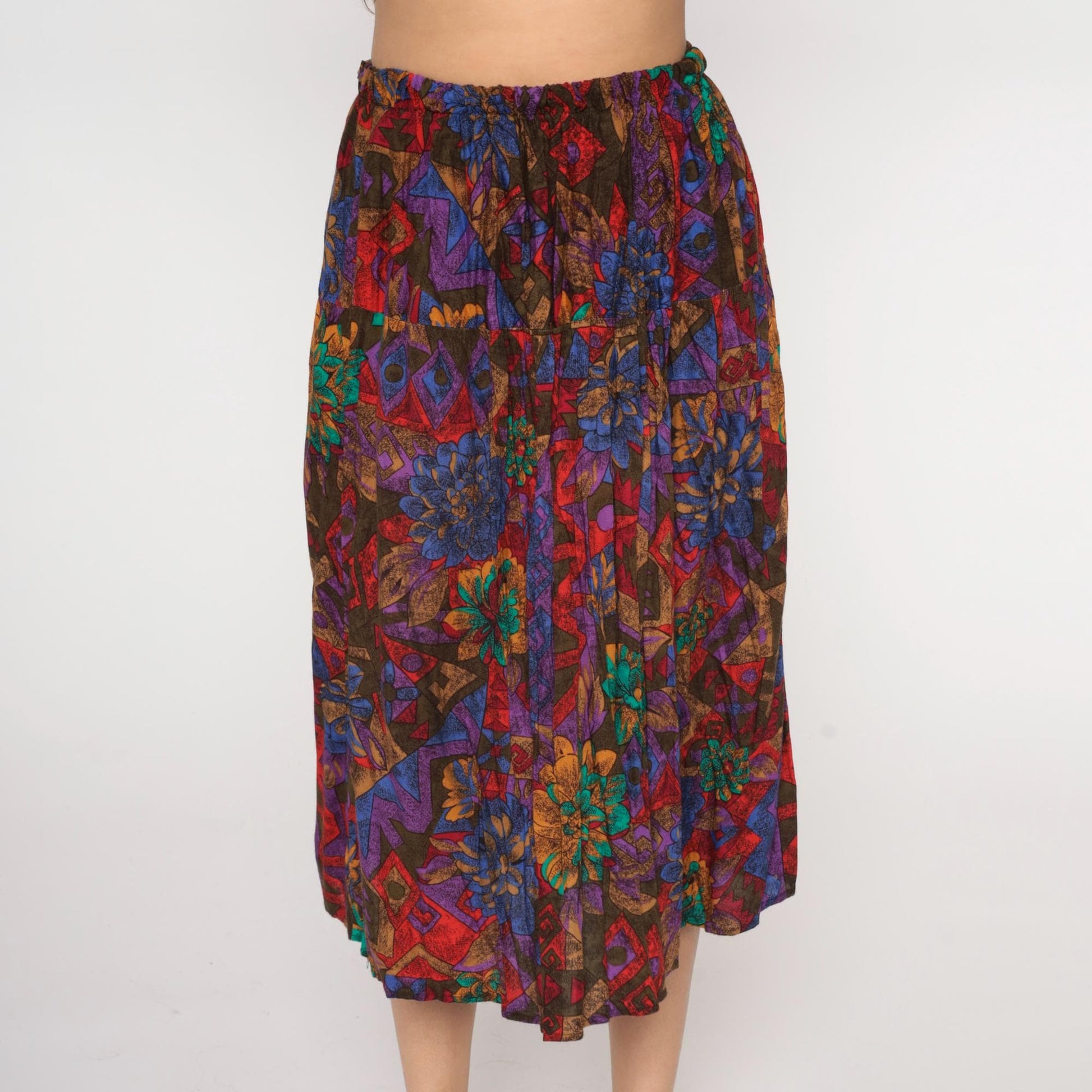 90s Abstract Floral Midi Skirt Multicolor Geometric Print Elastic Waist Plus Size XXXL