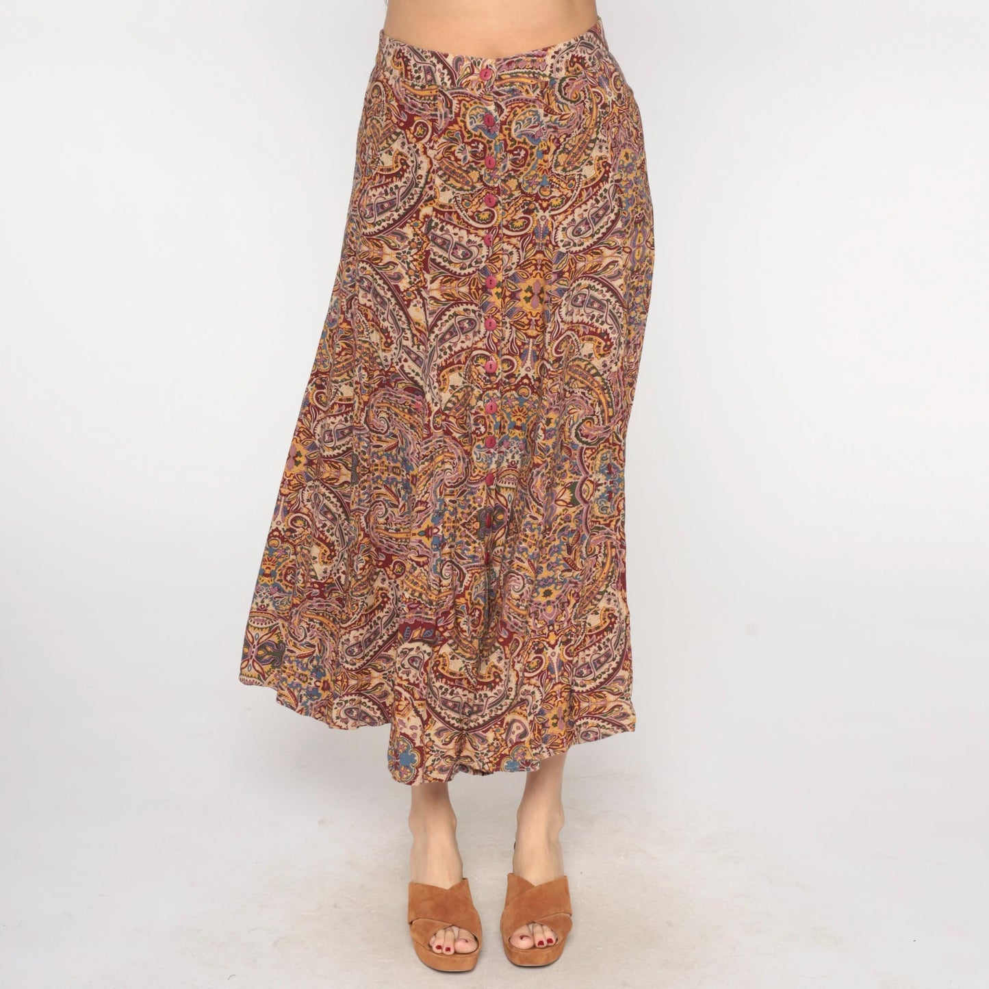 90s Express Paisley Midi Skirt Button Front Brown Purple Gold Medium M