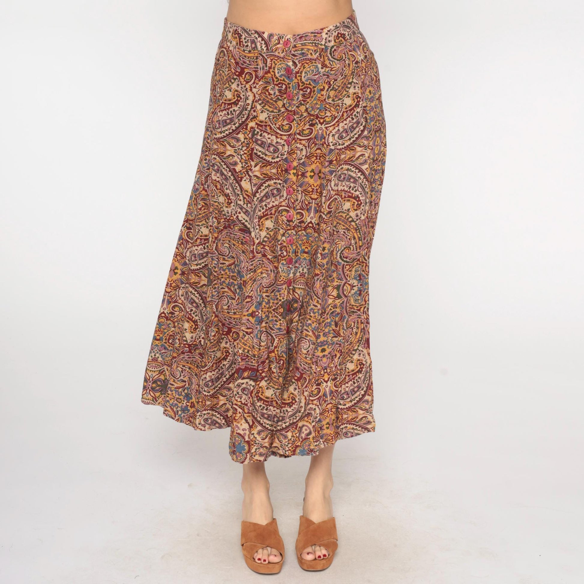 90s Express Paisley Midi Skirt Button Front Brown Purple Gold Medium M