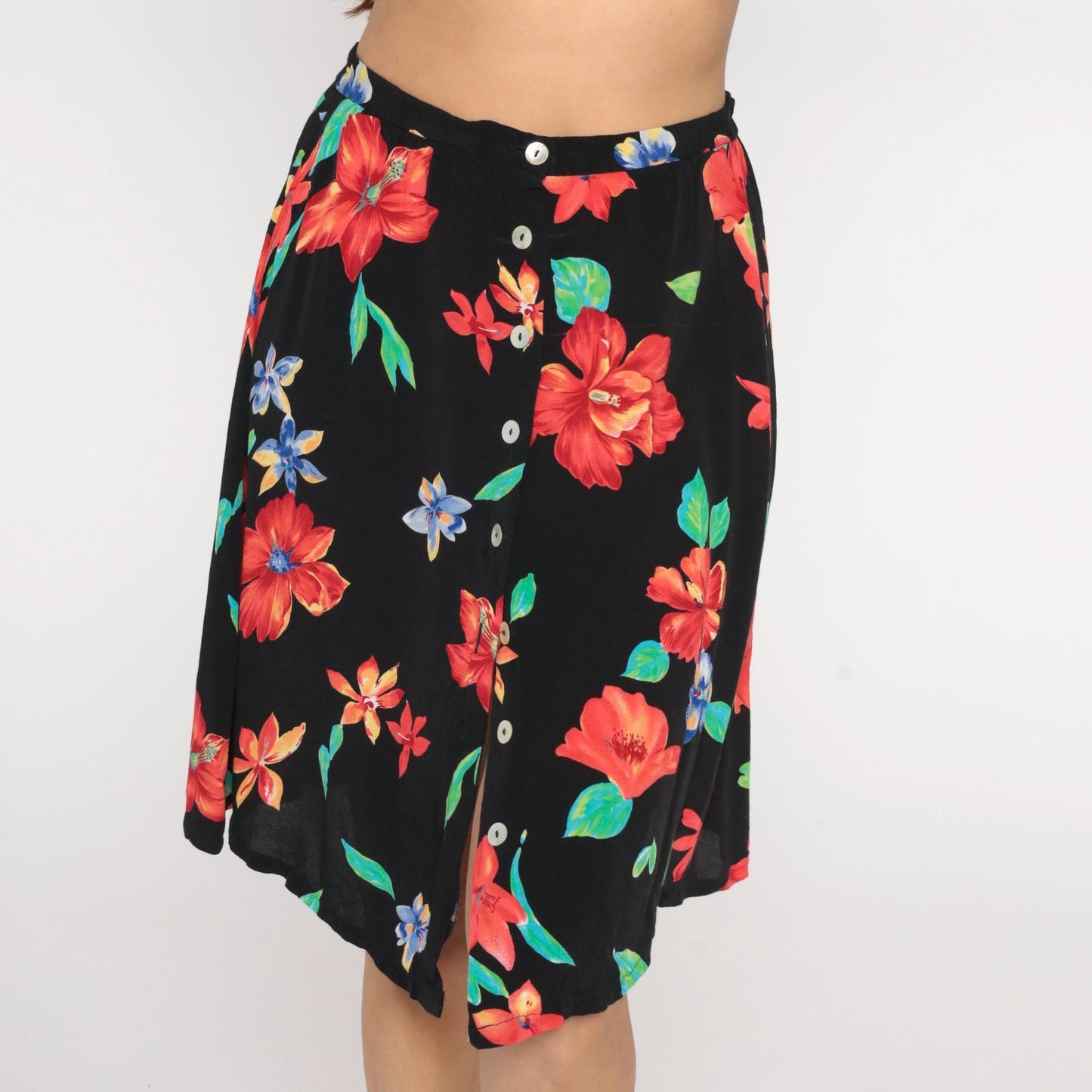 90s Worthington Floral Mini Skirt Black Button Front Tropical Print Large