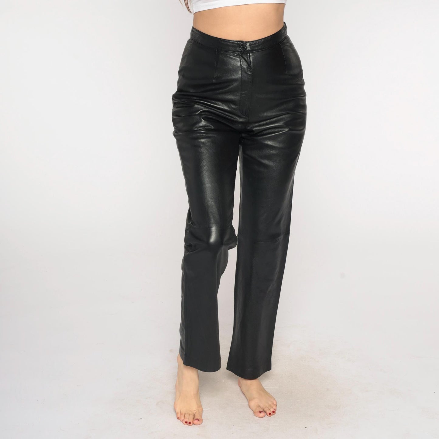 90s Black Leather Pants High Waist Straight Leg Small S