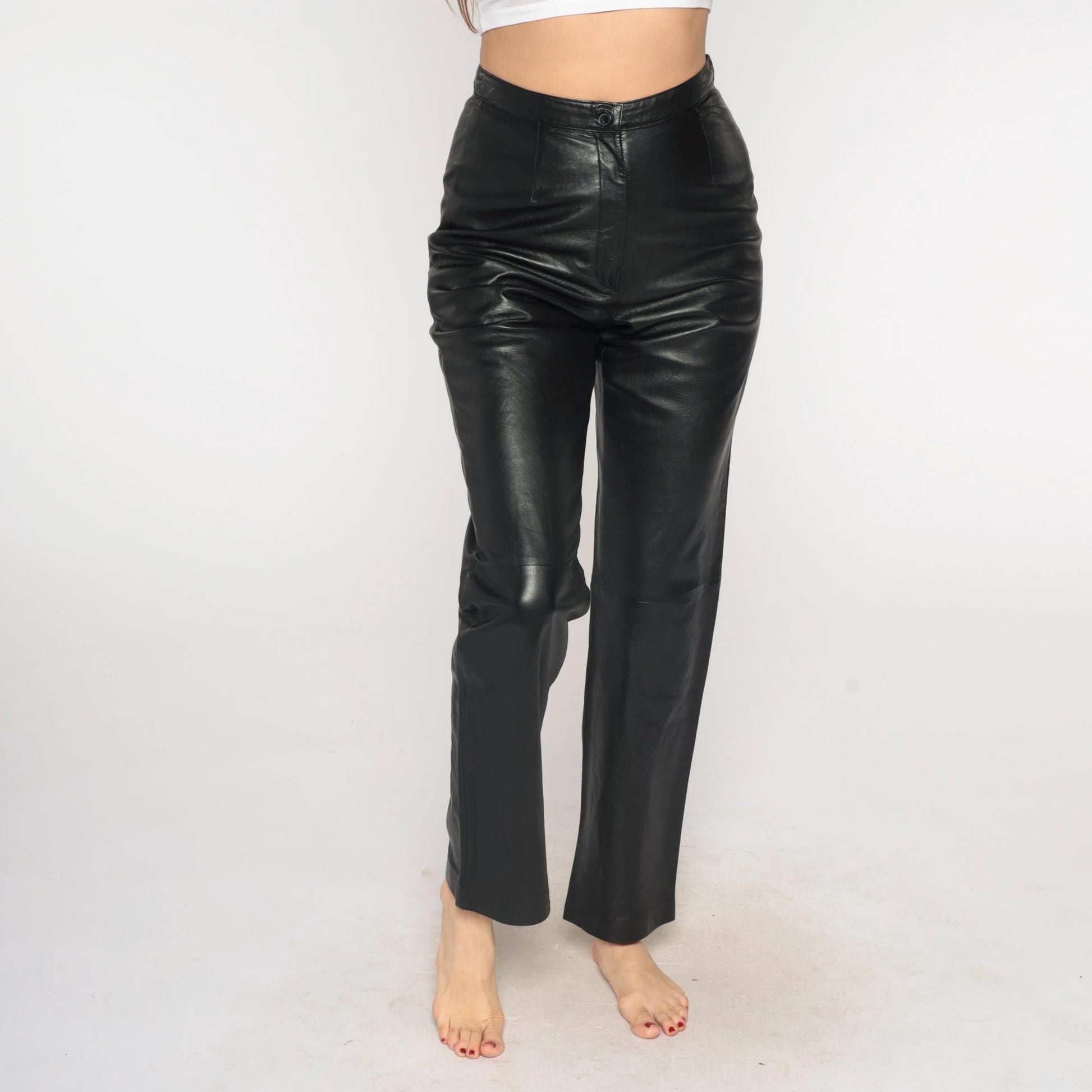 90s Black Leather Pants High Waist Straight Leg Small S