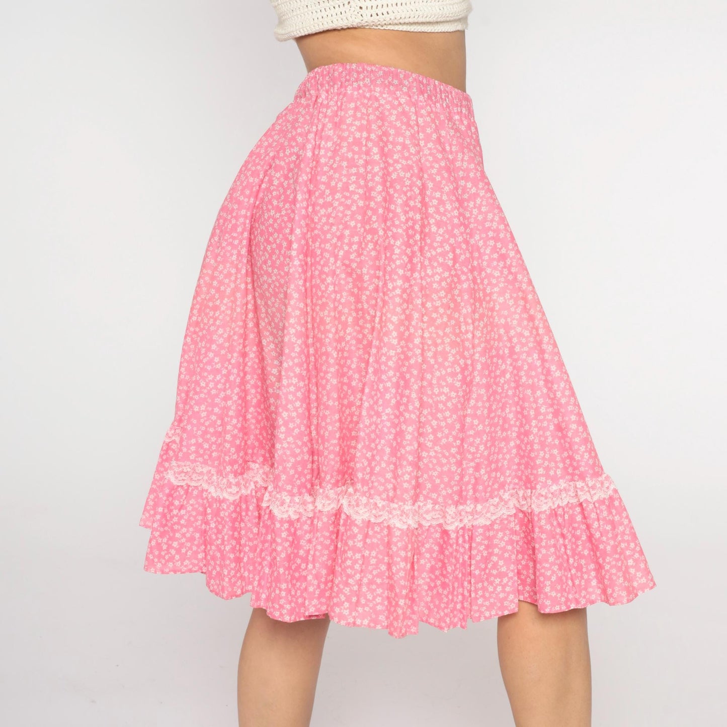 80s Pink Floral Tiered Midi Skirt White Lace Trim Gathered Medium