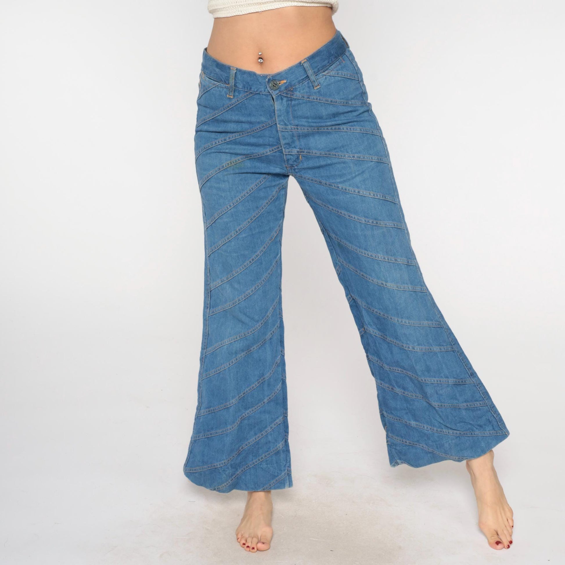 70s Light Blue Denim Bell Bottom Jeans Chevron Seam High Waist Large
