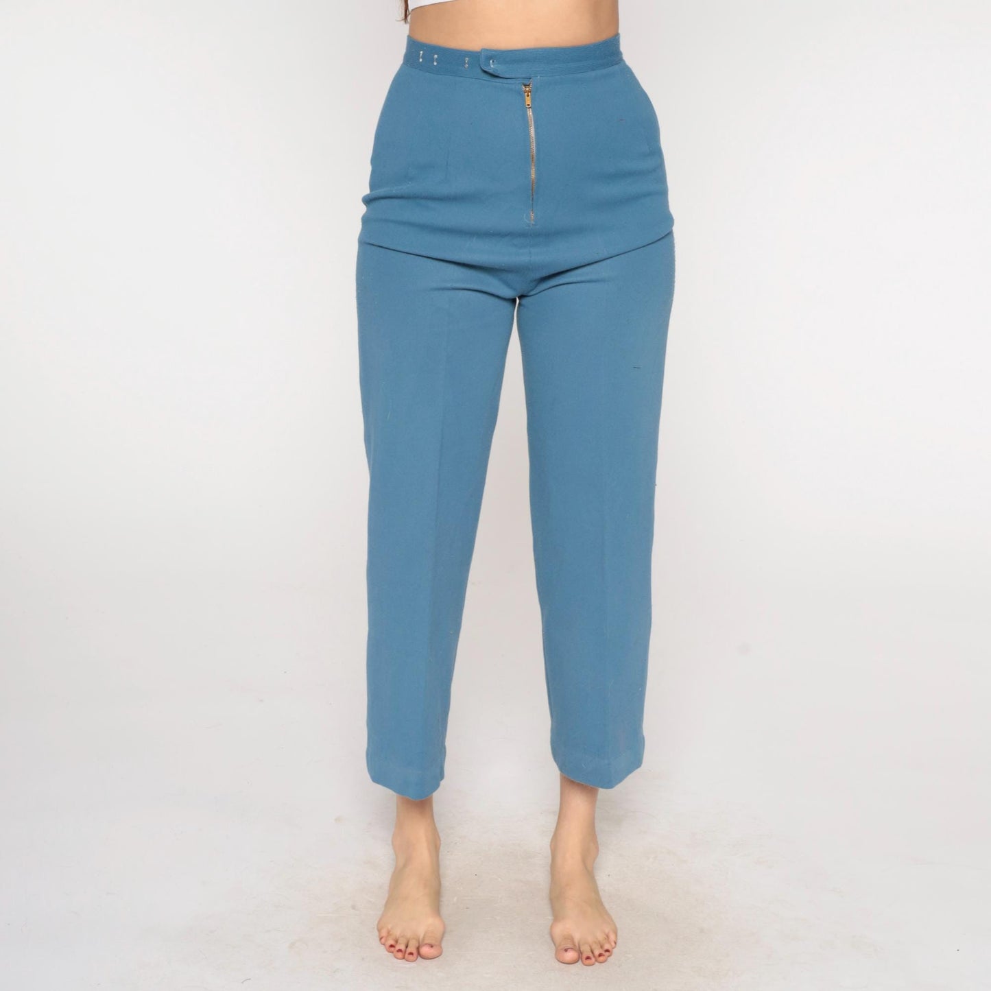 70s Dusty Blue High-Waisted Straight Leg Cropped Trousers Extra Small XS