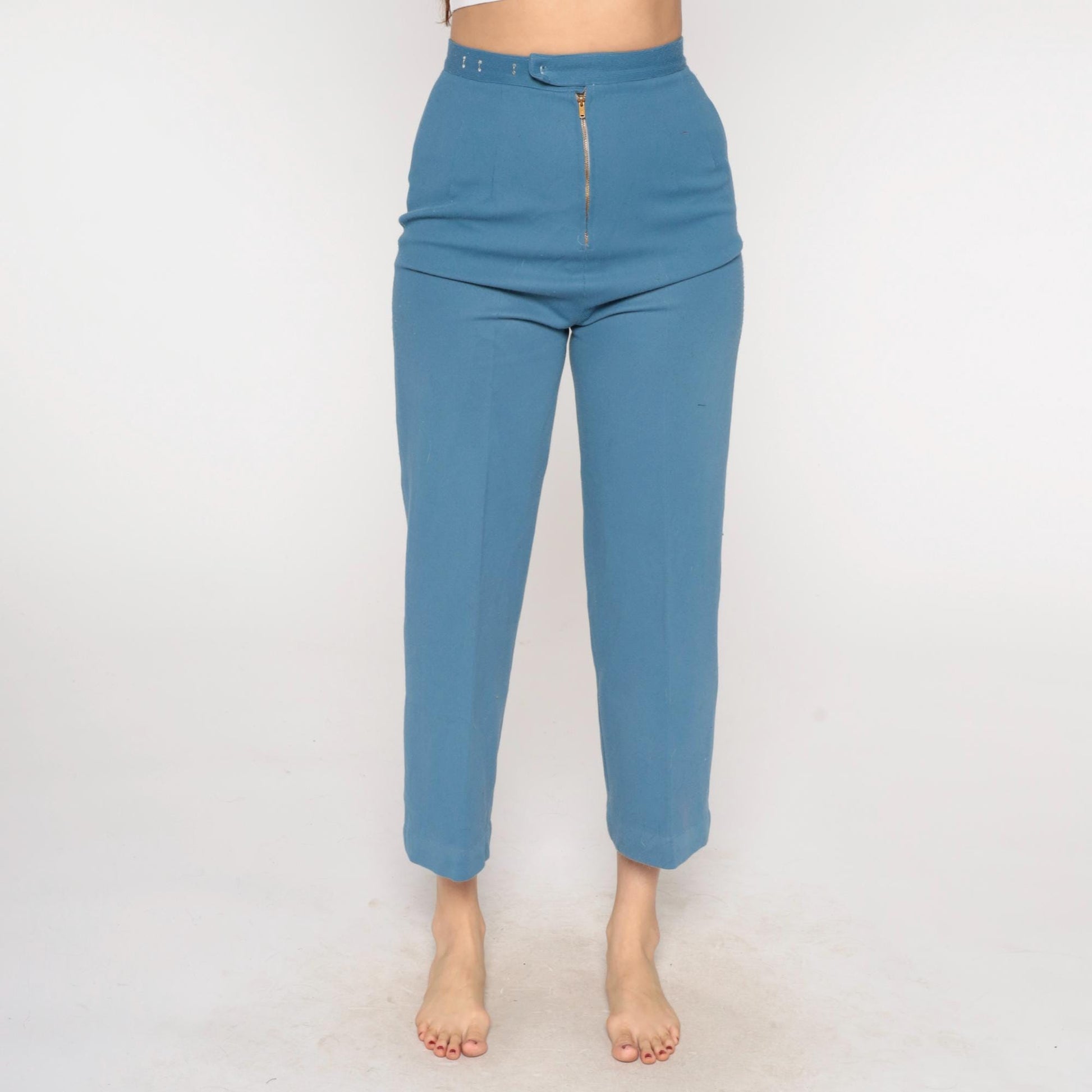 70s Dusty Blue High-Waisted Straight Leg Cropped Trousers Extra Small XS