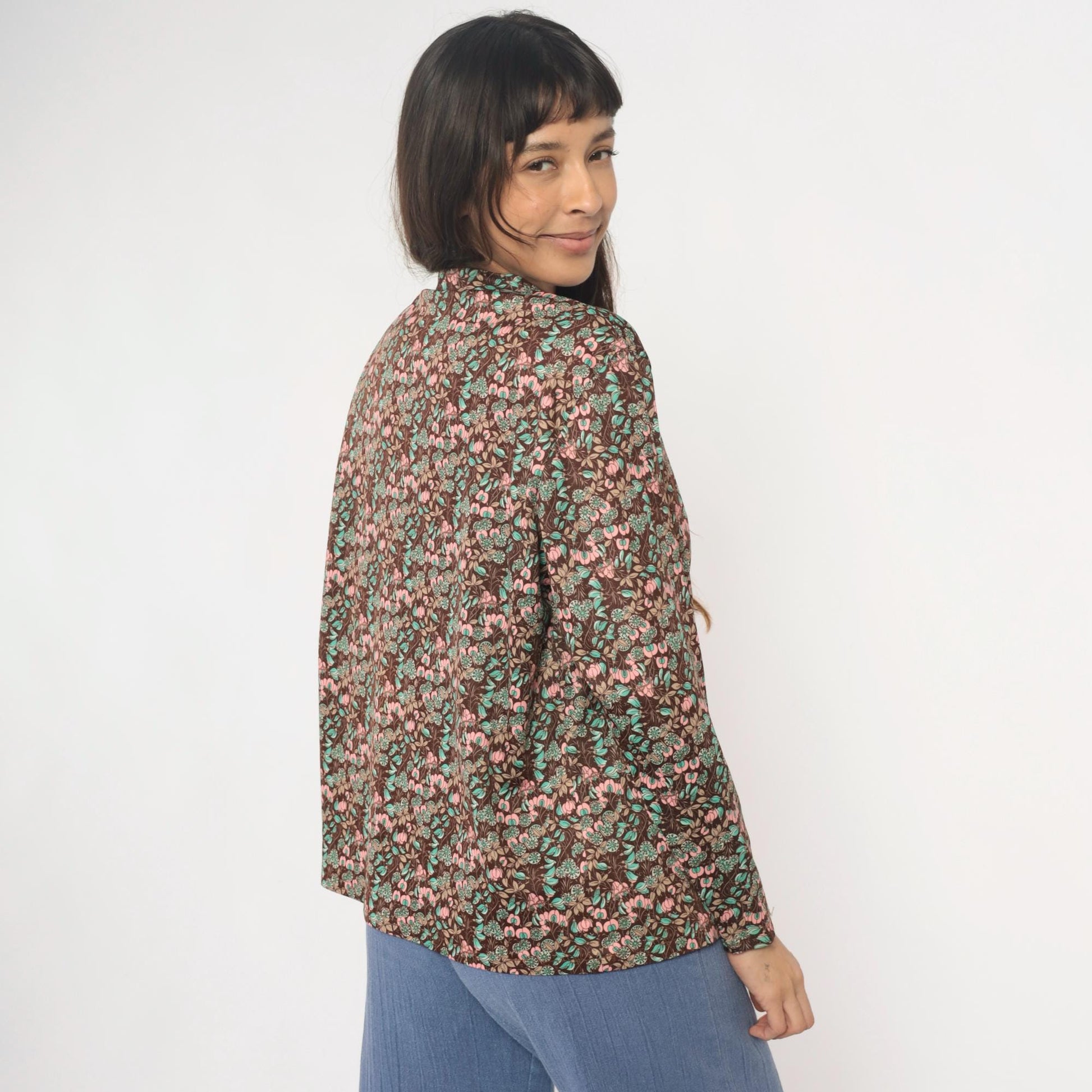70s Floral Pullover Blouse Brown Pink Mint Crew Neck Long Sleeve Medium