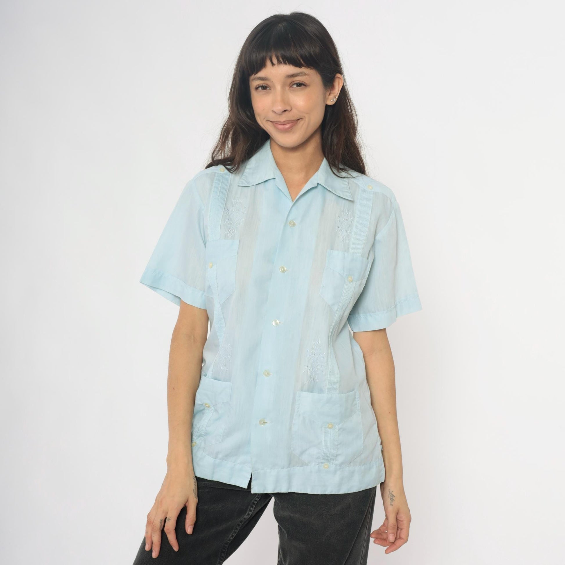 80s Light Blue Mexican Embroidered Pintuck Camp Collar Shirt Large L