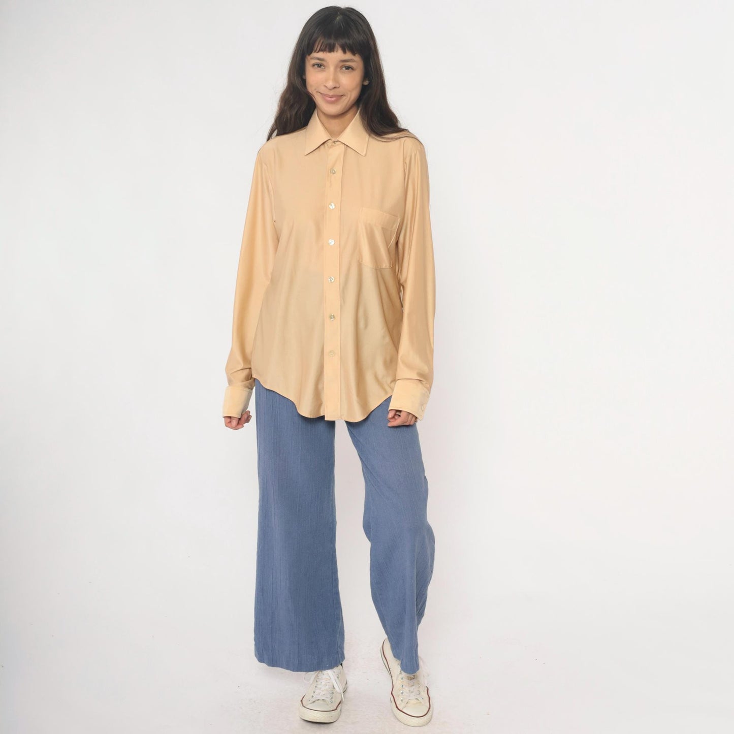 70s Arrow Kent Cream Nylon Button-Up Blouse Pointed Collar Long Sleeve Large