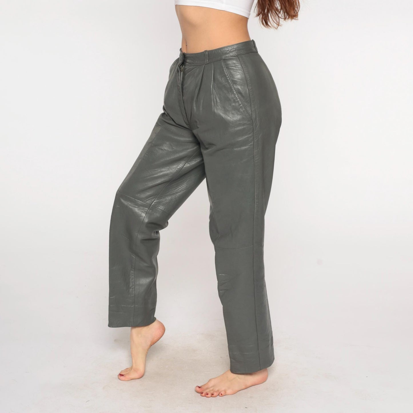 80s Grey Leather Pants High Waist Pleated Front Tapered Leg Medium