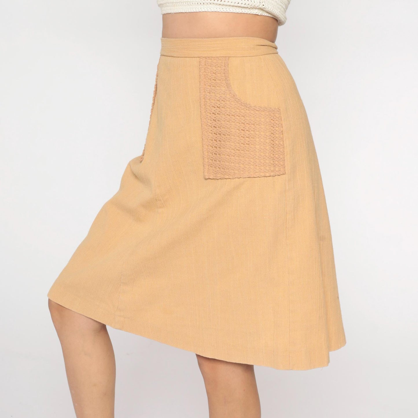 70s Beige A-Line Mini Skirt Crochet Pocket Cotton Linen Medium M