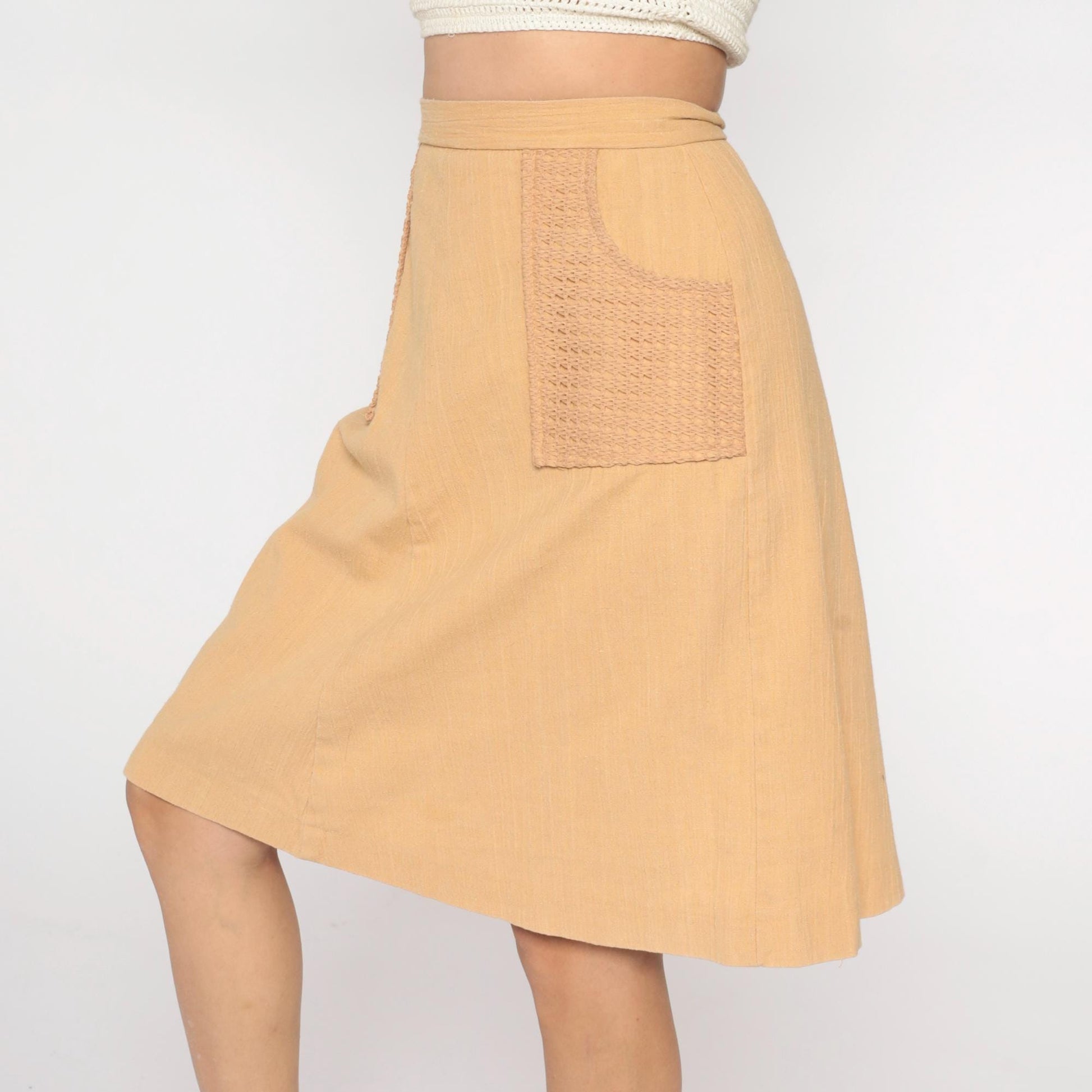 70s Beige A-Line Mini Skirt Crochet Pocket Cotton Linen Medium M