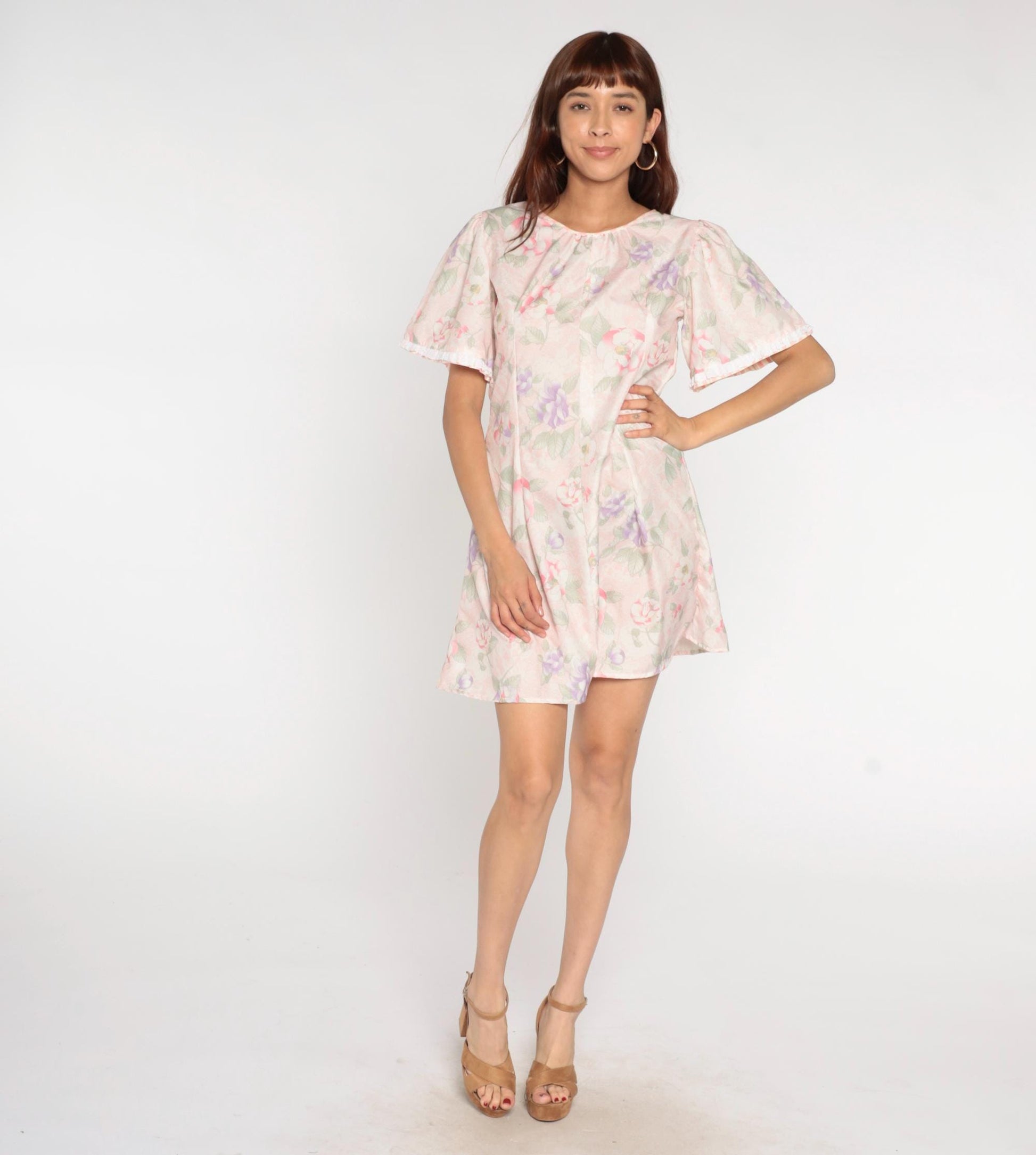 80s Pastel Floral Mini Dress Puff Sleeve Pink Purple Green A-Line Medium M