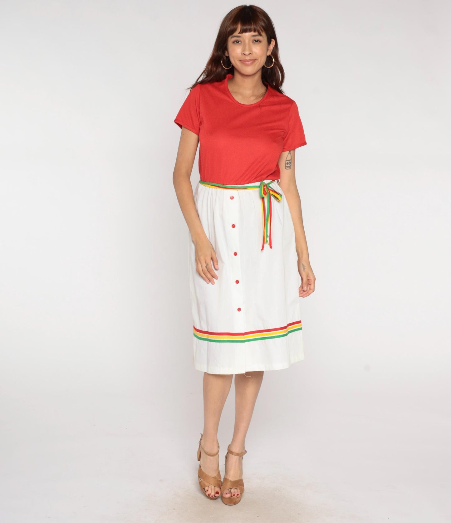 80s Star Shine Colorblock Dress Coral White Rainbow Stripe Belt Large