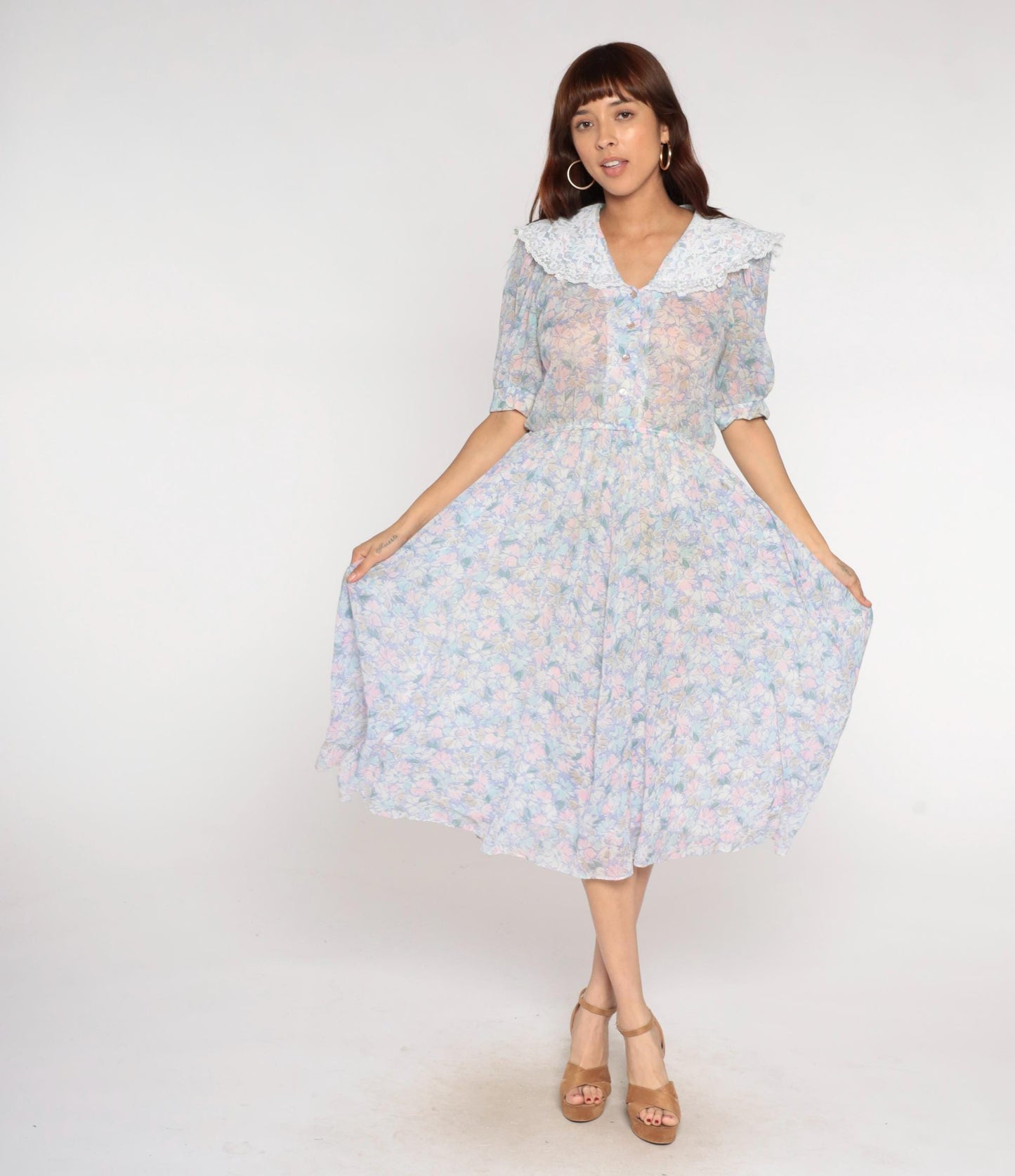 80s Act 1 Floral Midi Dress White Lace Collar Puff Sleeve Small