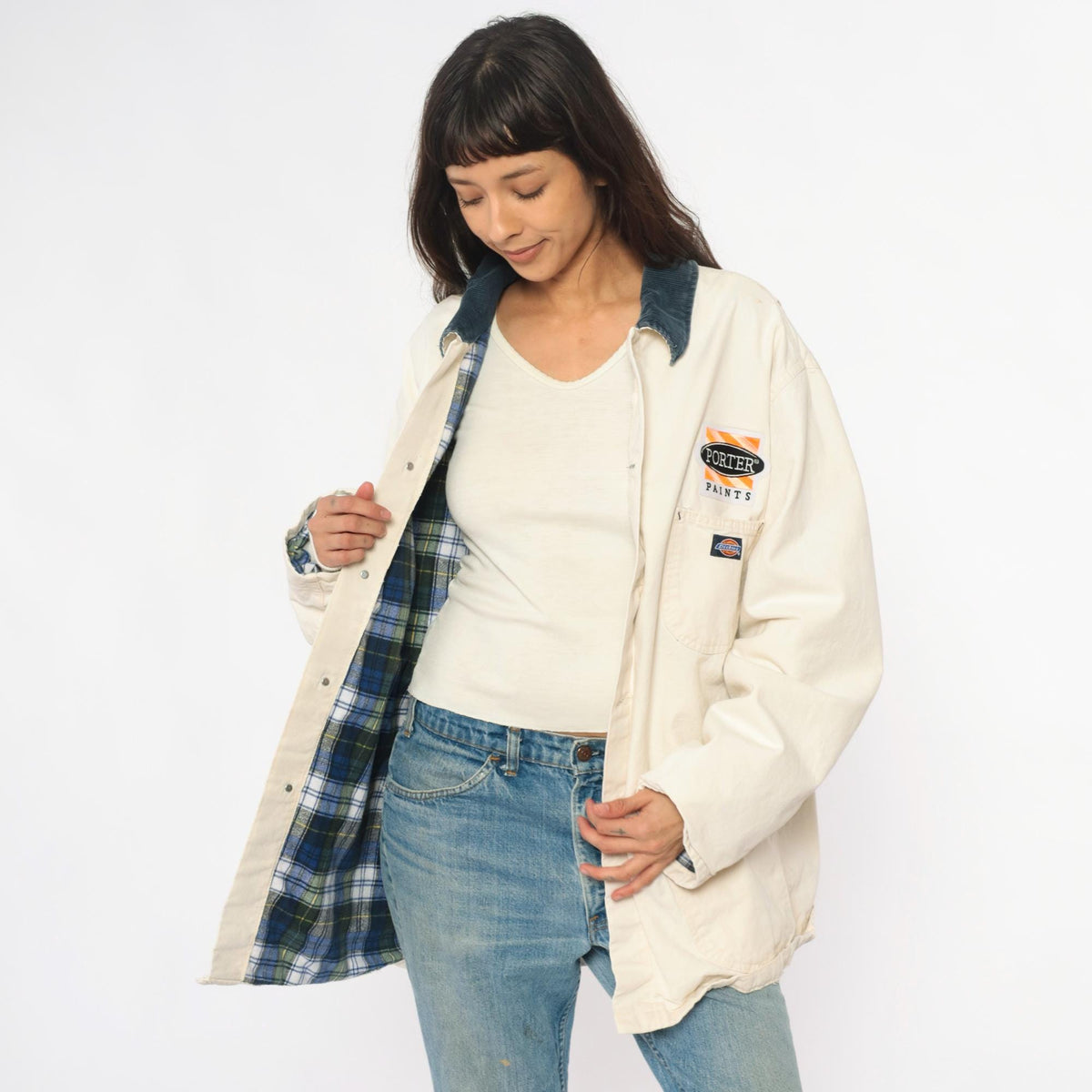 90s Dickies Porter Paints Work Jacket Cream Corduroy Collar Flannel Lined Extra Large