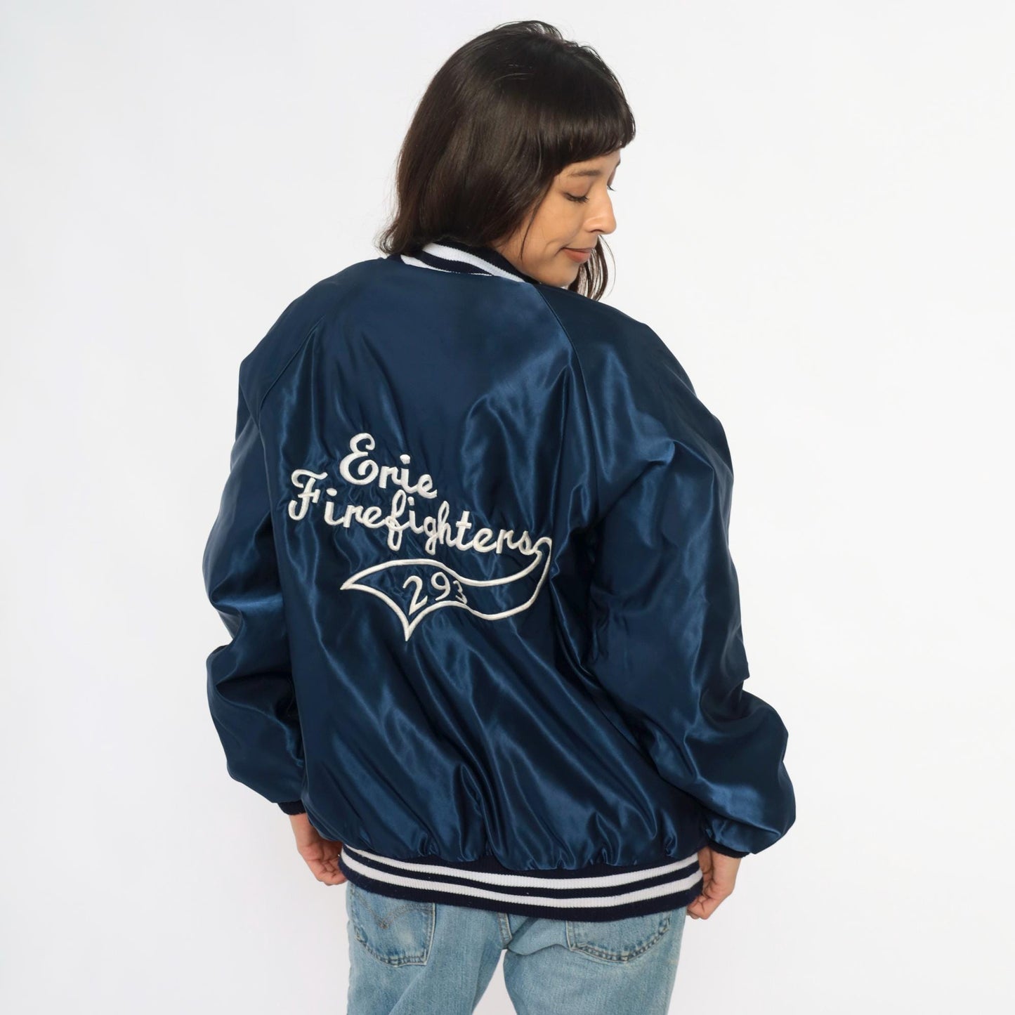 90s Erie Firefighters Navy Satin Bomber Jacket Embroidered Patch Extra Large XL