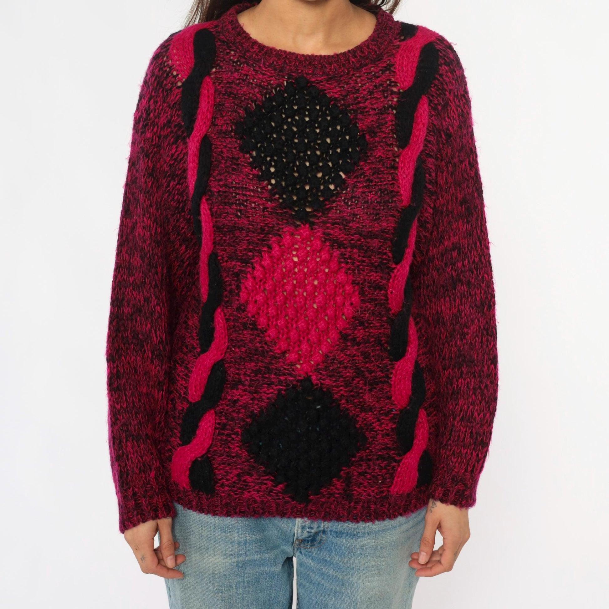 80s Safret Burgundy Diamond Cable Knit Sweater Medium M