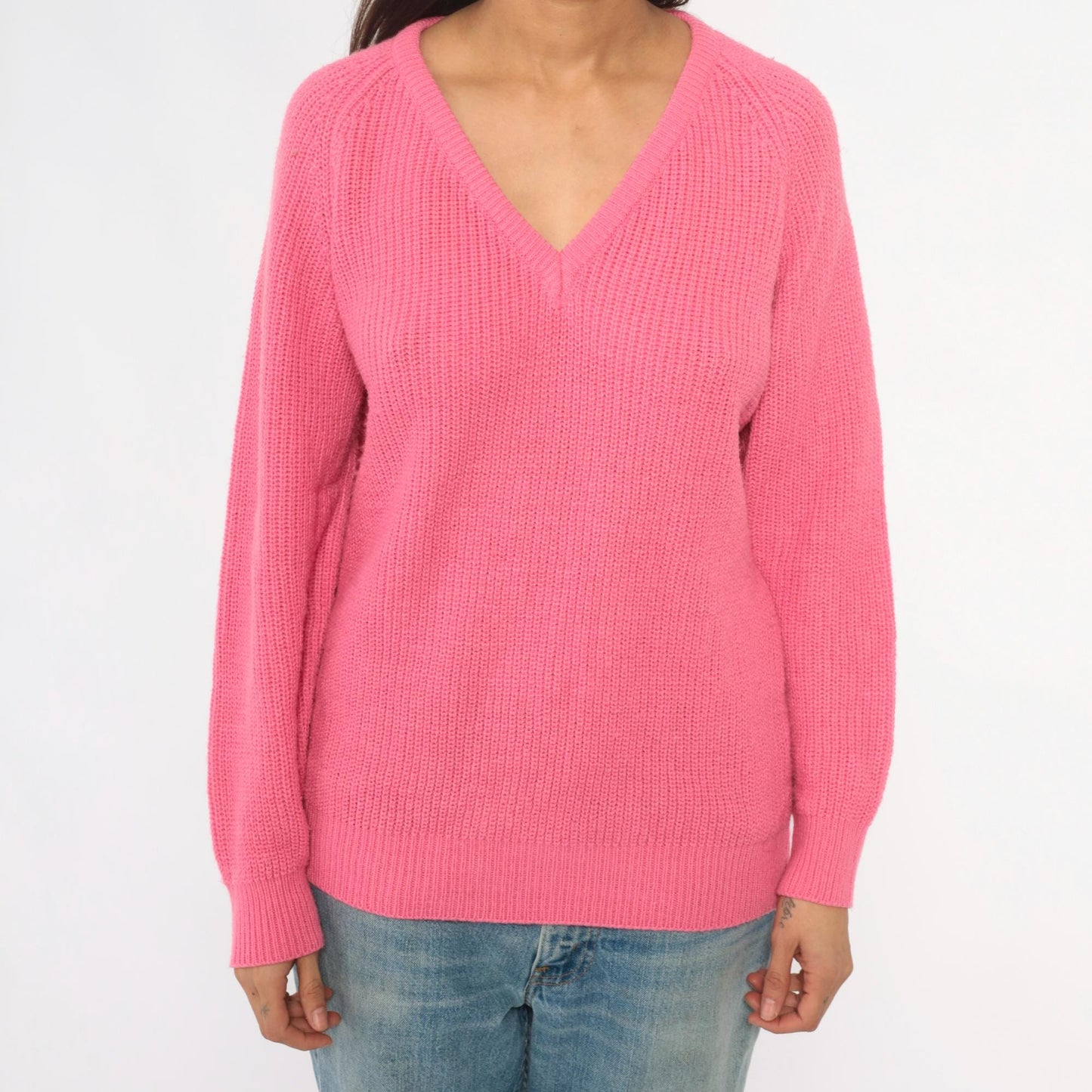 90s Pink V-Neck Sweater Ribbed Knit Pullover Jumper Large L