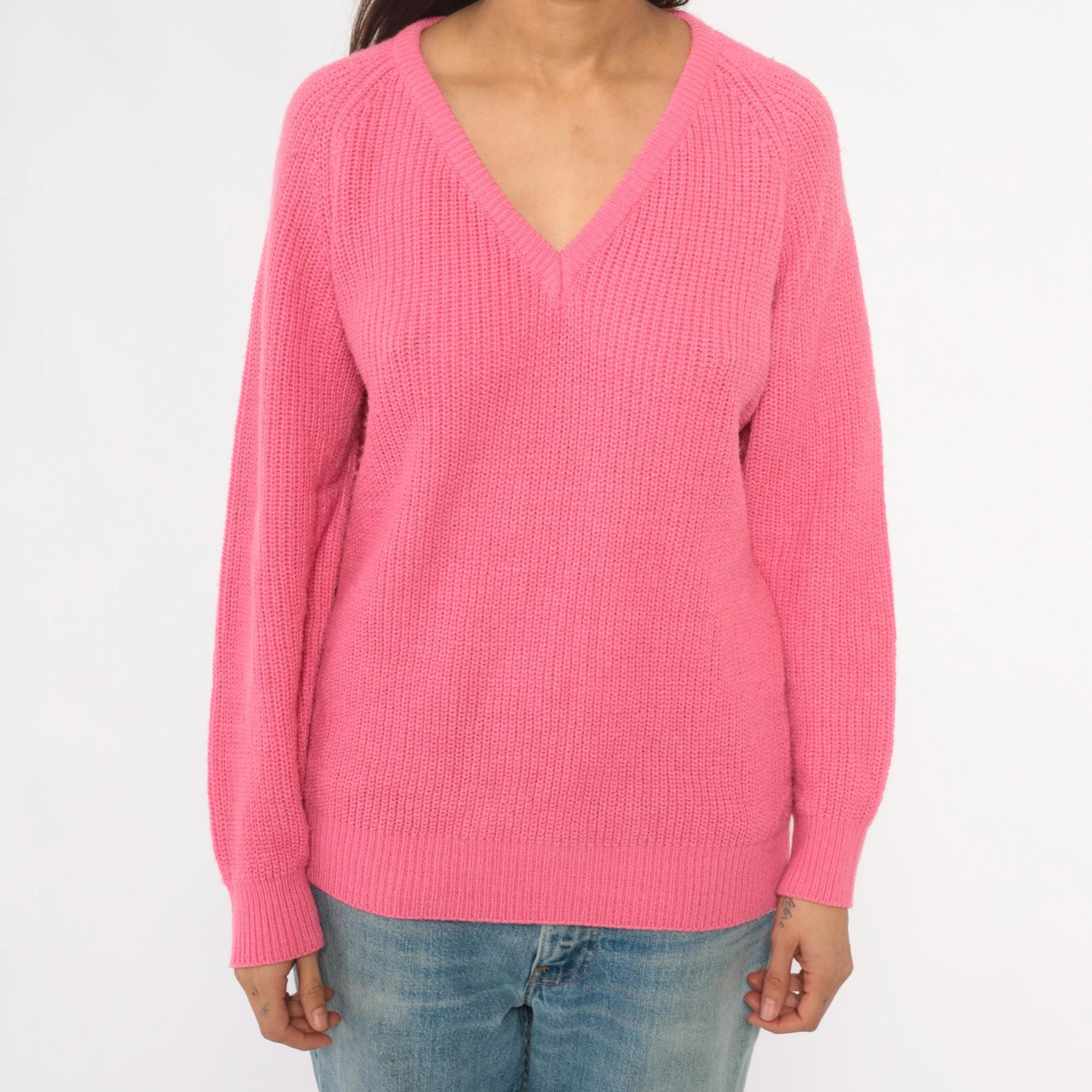 90s Pink V-Neck Sweater Ribbed Knit Pullover Jumper Large L