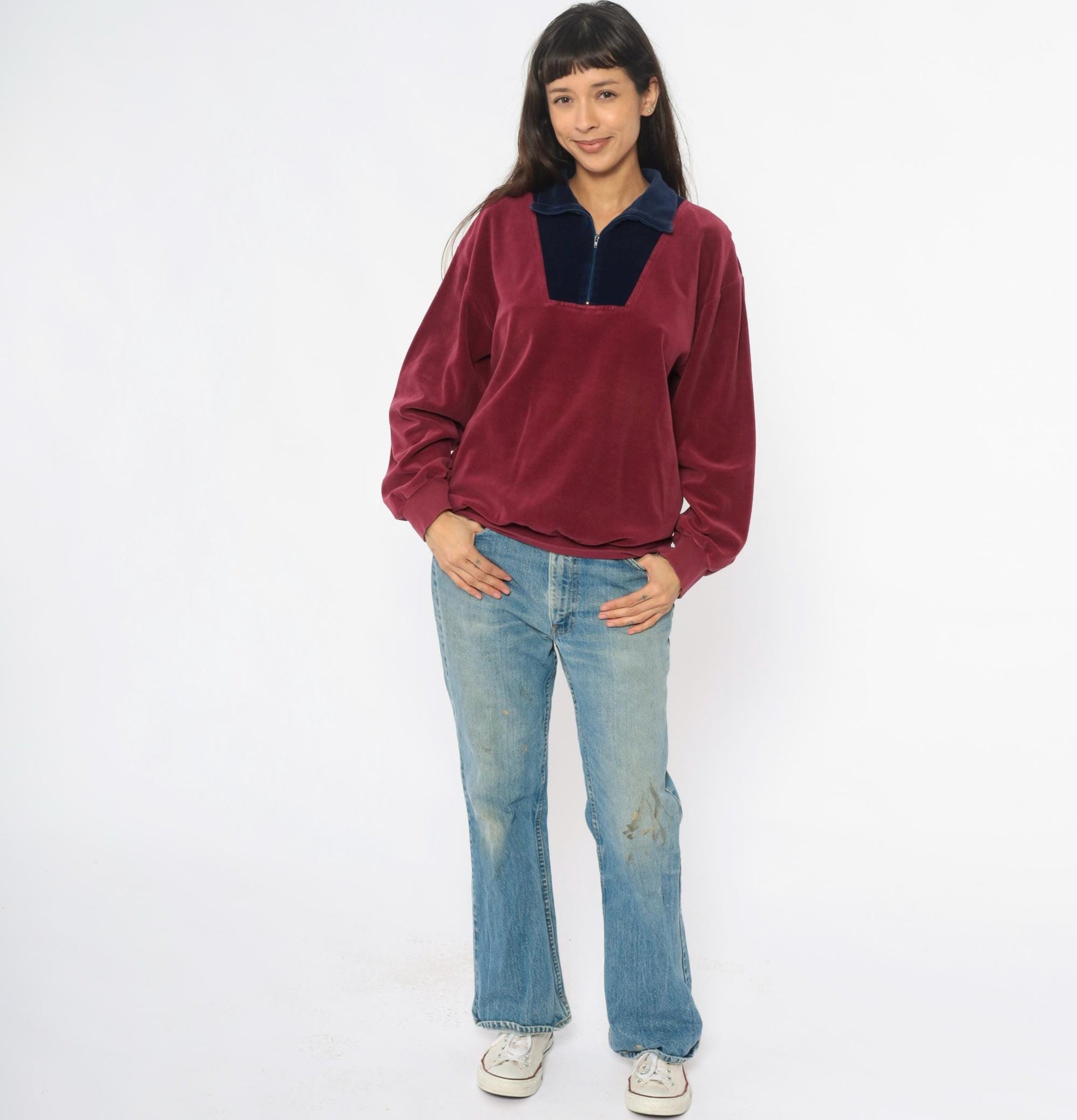 80s Velour Pullover Burgundy Navy Colorblock Half Zip Collared Track Top Medium