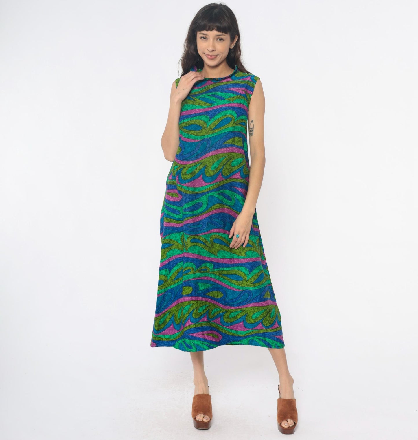 70s Psychedelic Swirl Maxi Dress Blue Green Pink Wave Print Sleeveless Extra Small