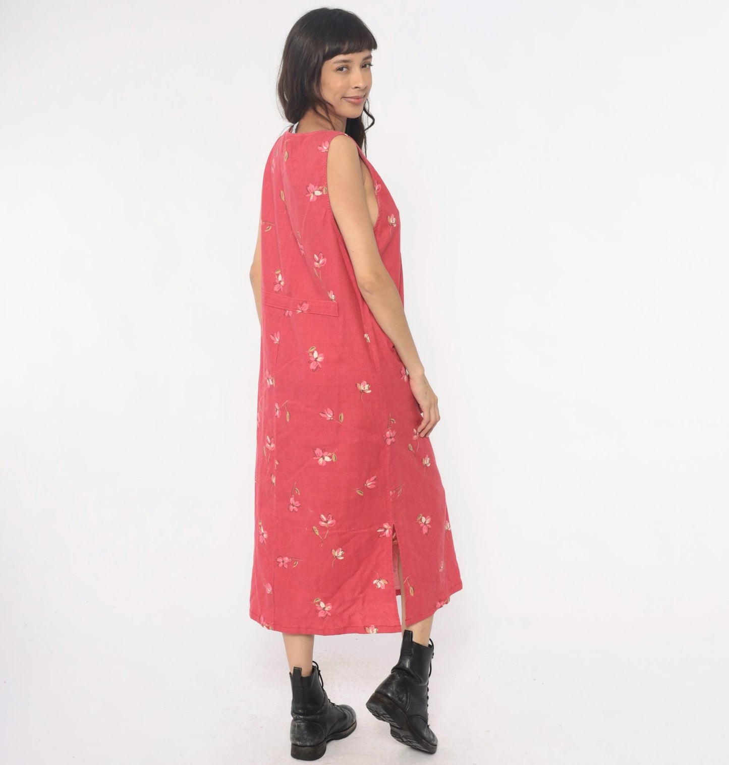 90s White Stag Floral Maxi Dress Pink Linen Cotton Blend Pintuck Medium M