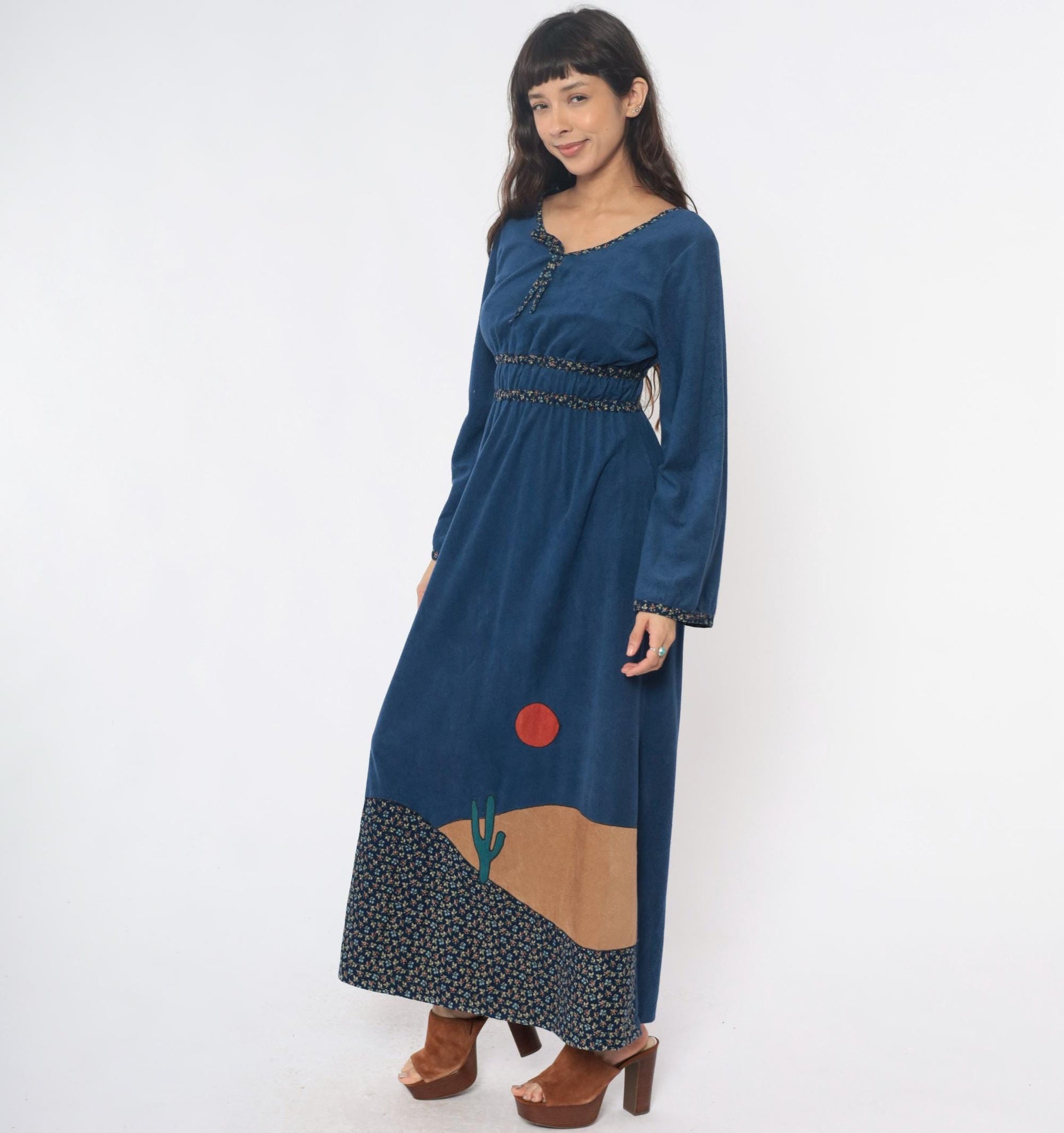 70s Blue Maxi Dress Empire Waist Desert Cactus Appliqué Long Sleeve Medium