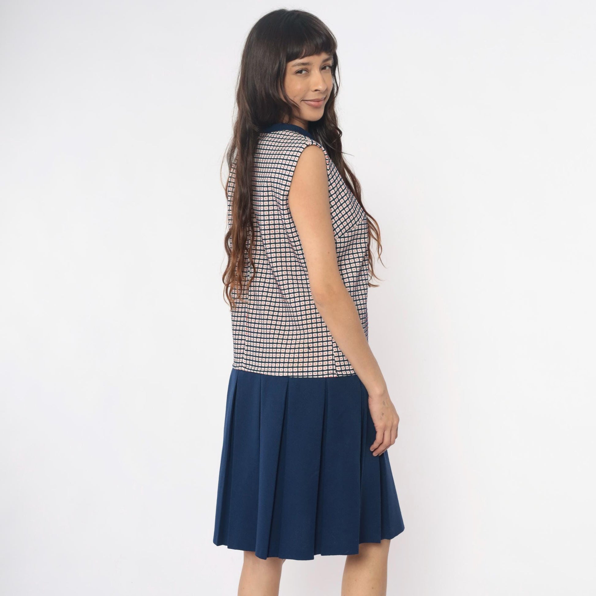 70s Navy Checkered Colorblock Dress Pleated Skirt Sleeveless Large L