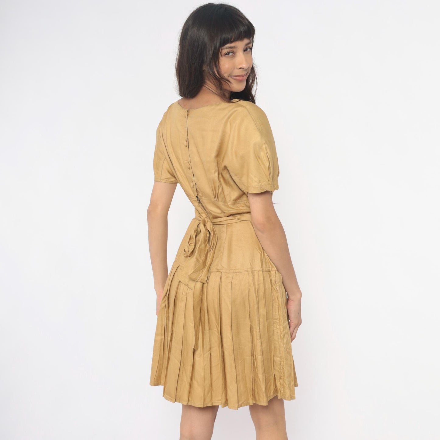 80s Golden Yellow Sundress Puff Sleeve V-Neck Tie Waist Pleated Small S