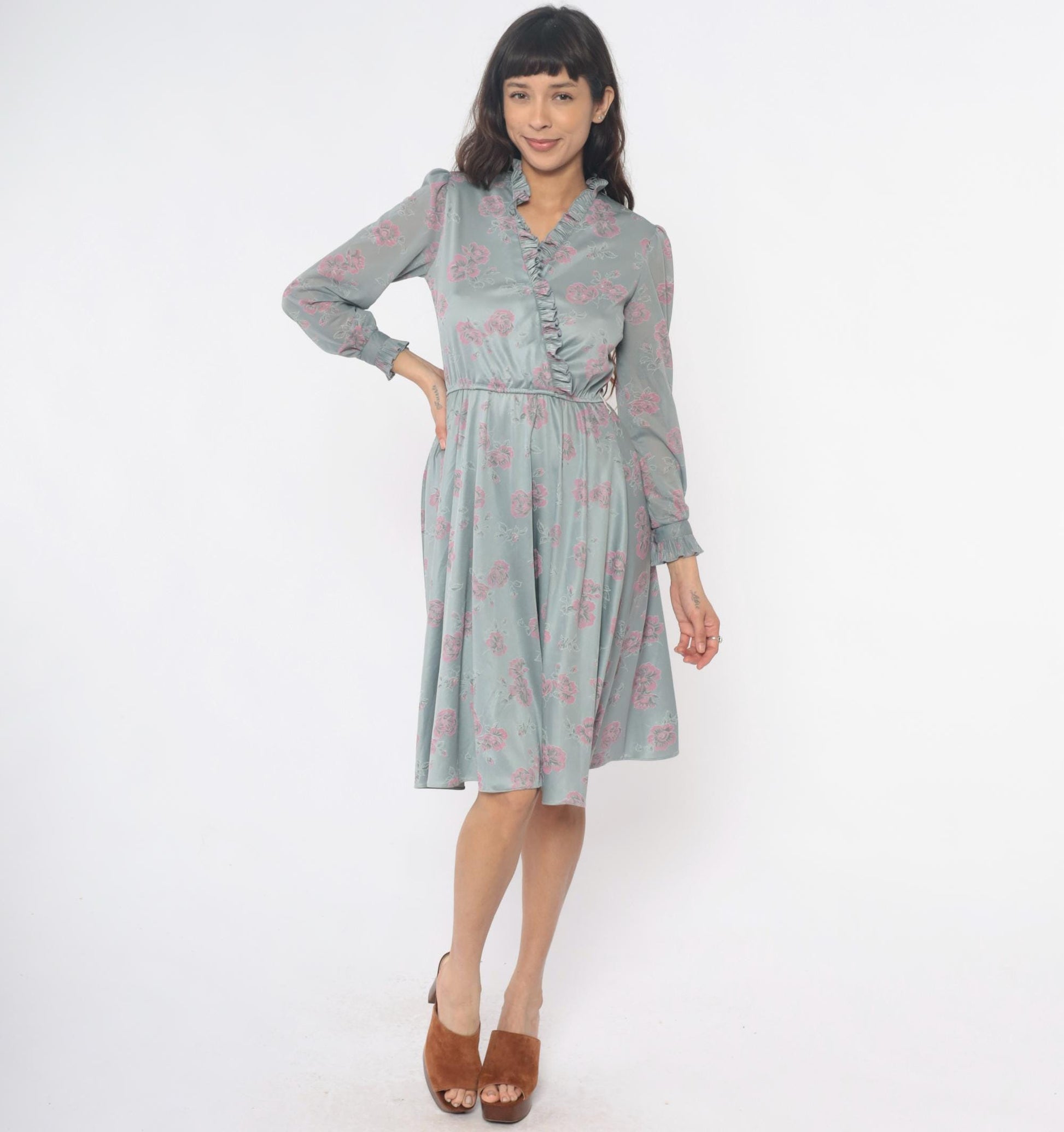 70s Floral Dress Silver Pink Long Sleeve Ruffle V-Neck Pleated Midi Small
