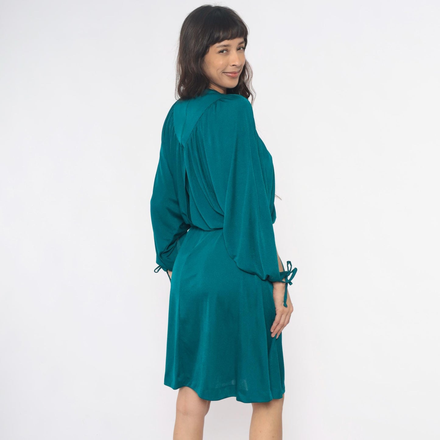 80s Teal Cowl Neck Dress Draped Split Sleeve Knee-Length Small Medium