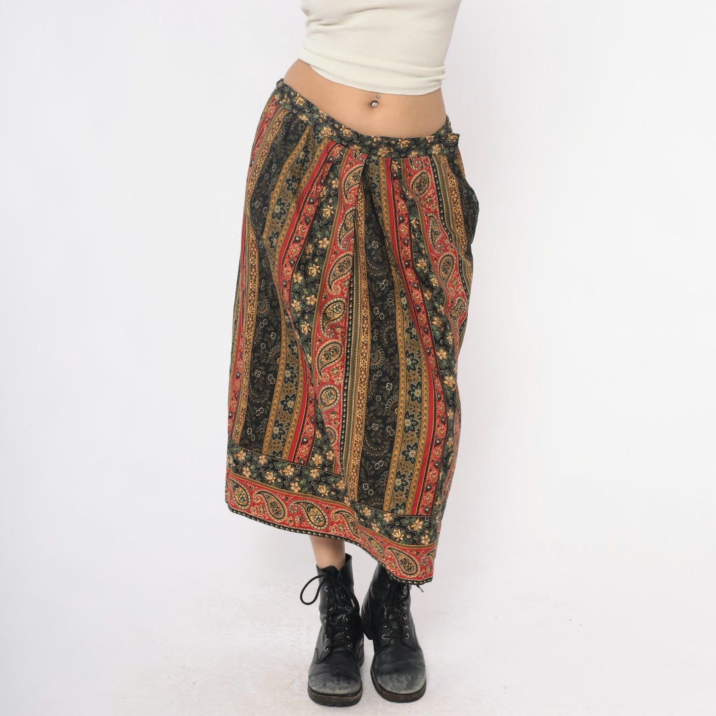 90s Suttles an Seawinds Midi Skirt Paisley Floral Stripe Elastic Waist Large