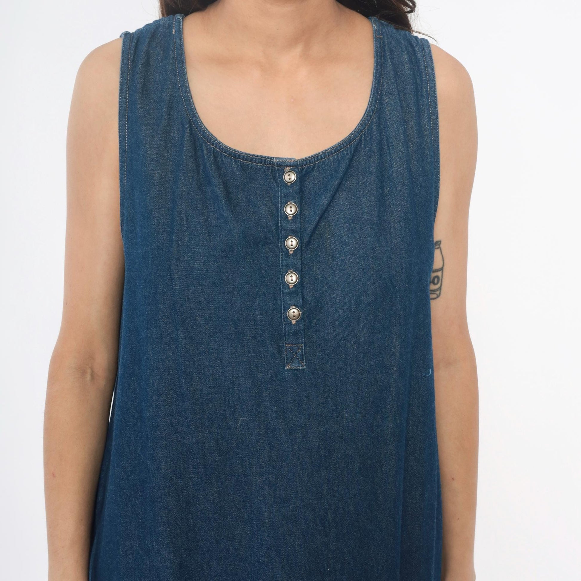 90s Blue Denim Maxi Dress Floral Butterfly Painted Tank Sleeveless Large L