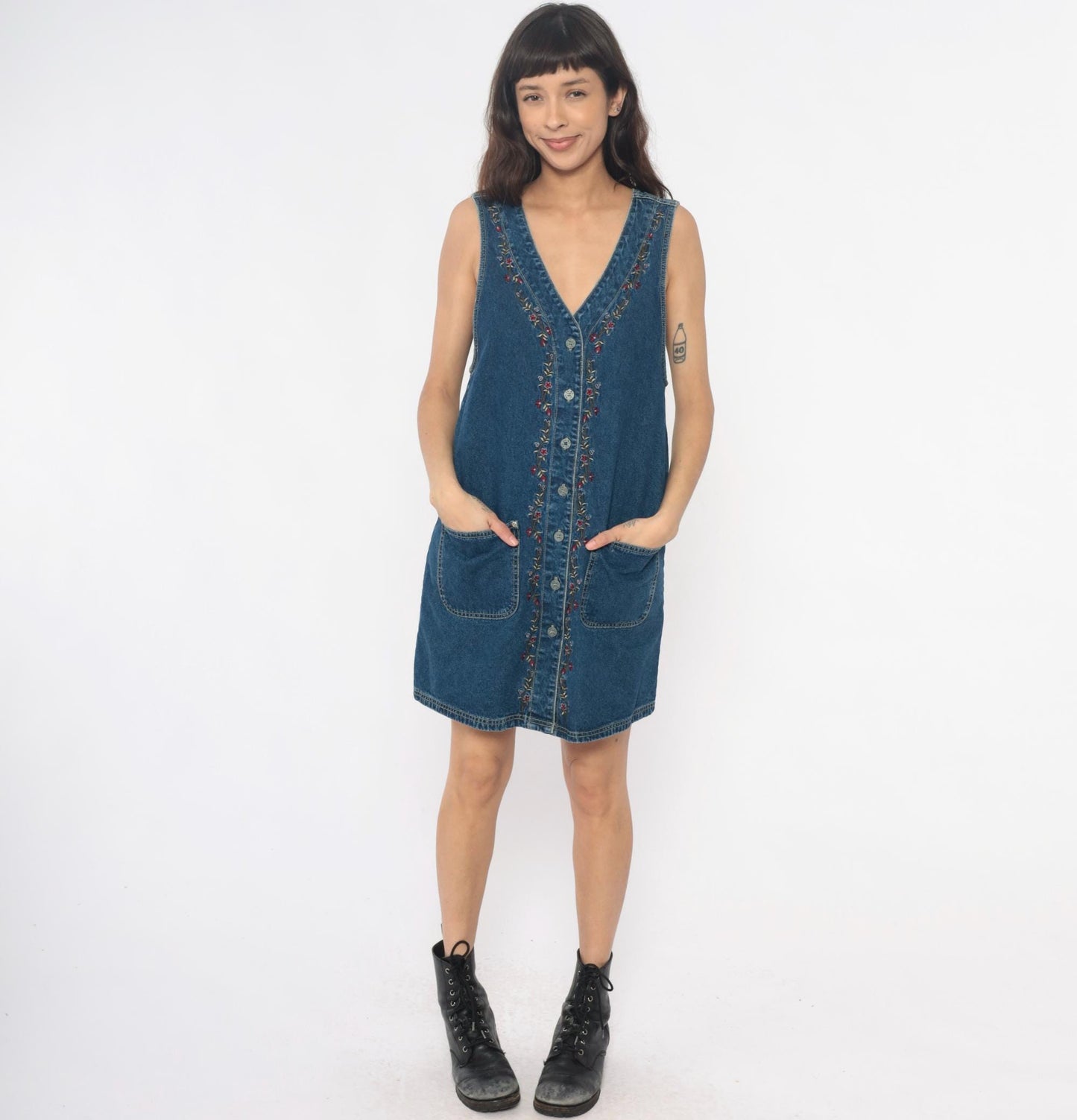 90s JL NY Sport Denim Mini Dress Floral Embroidery Blue Small