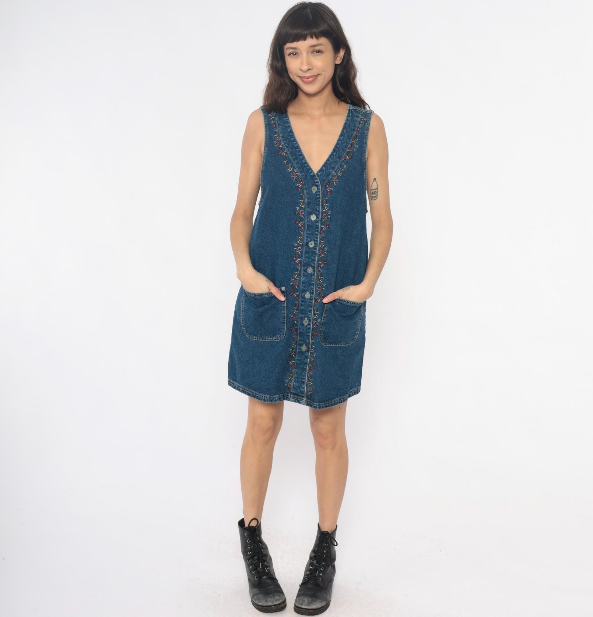 90s JL NY Sport Denim Mini Dress Floral Embroidery Blue Small