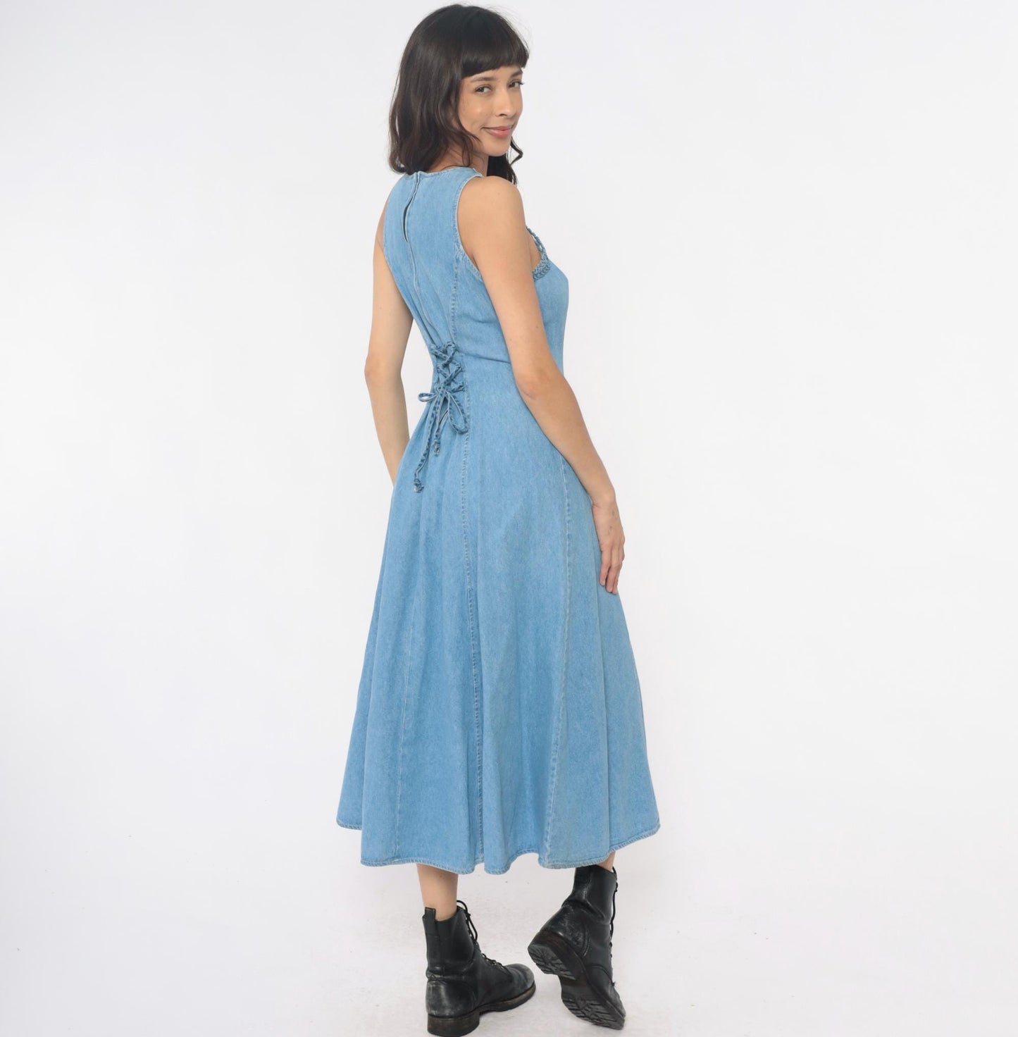 90s Jody California Denim Maxi Dress Light Blue Crochet Lace-Up Racerback Small