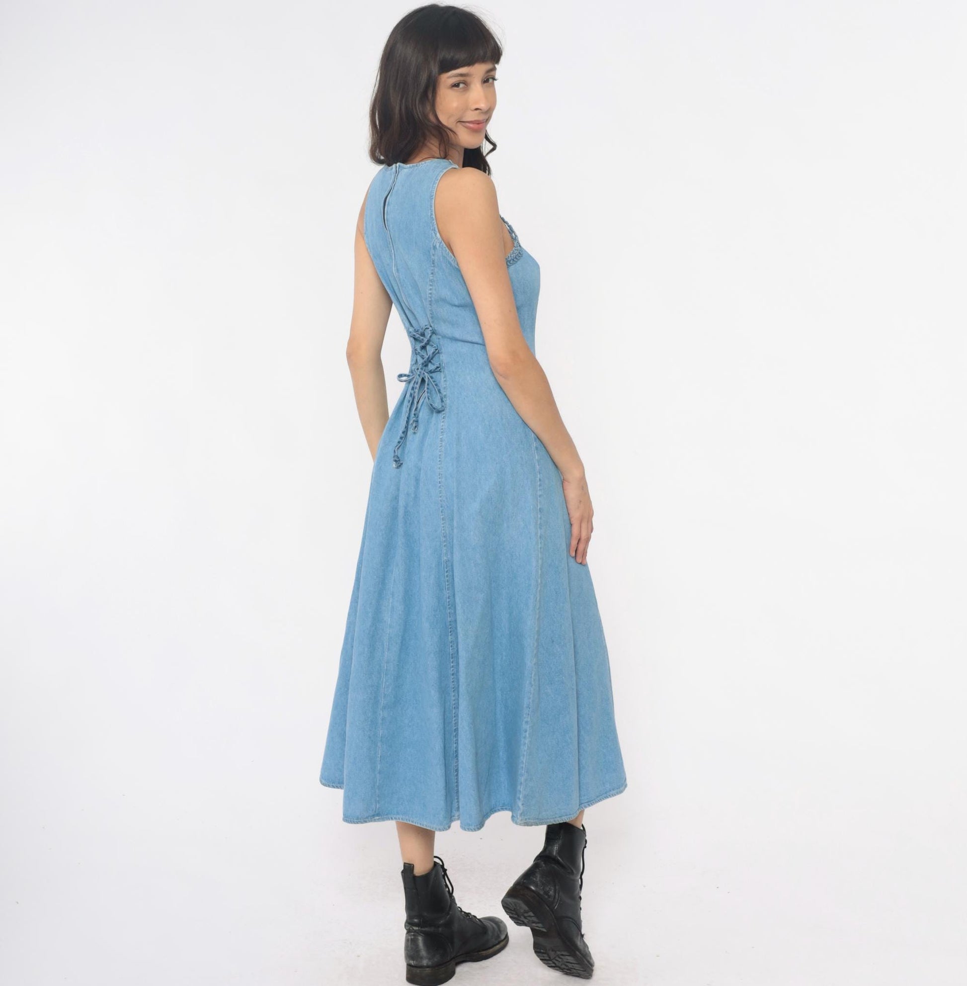 90s Jody California Denim Maxi Dress Light Blue Crochet Lace-Up Racerback Small