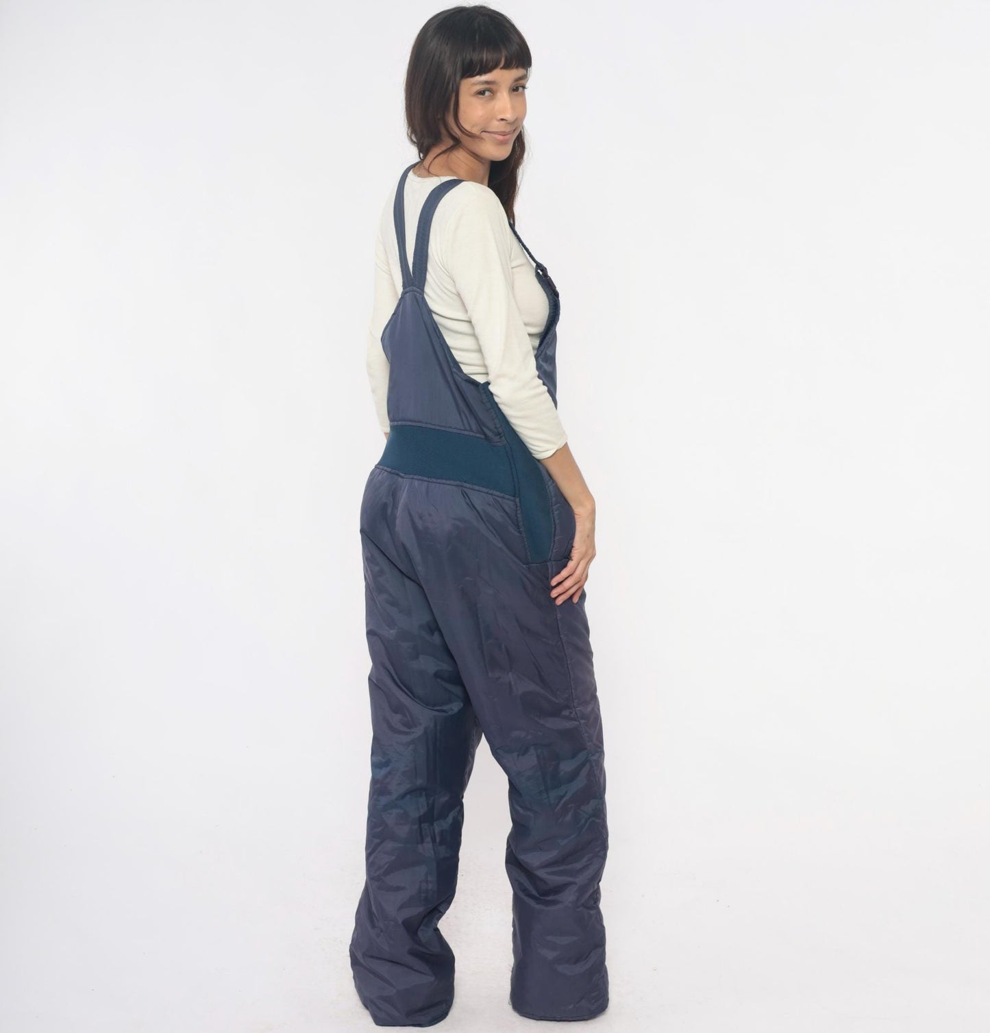 80s Sunshine Mountain Navy Ski Bib Overalls Insulated Nylon Large L