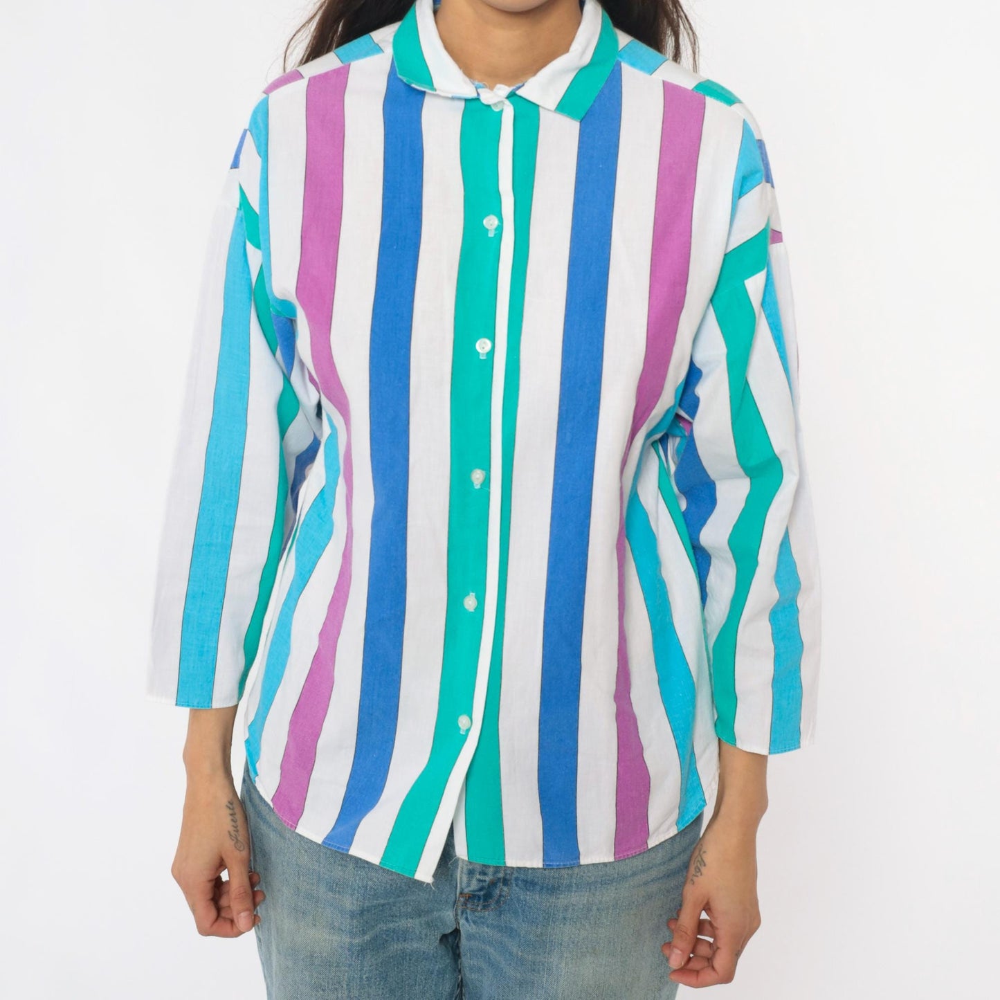 80s Avon Fashions Striped Cotton Blouse Vertical Stripes Purple Blue Small S