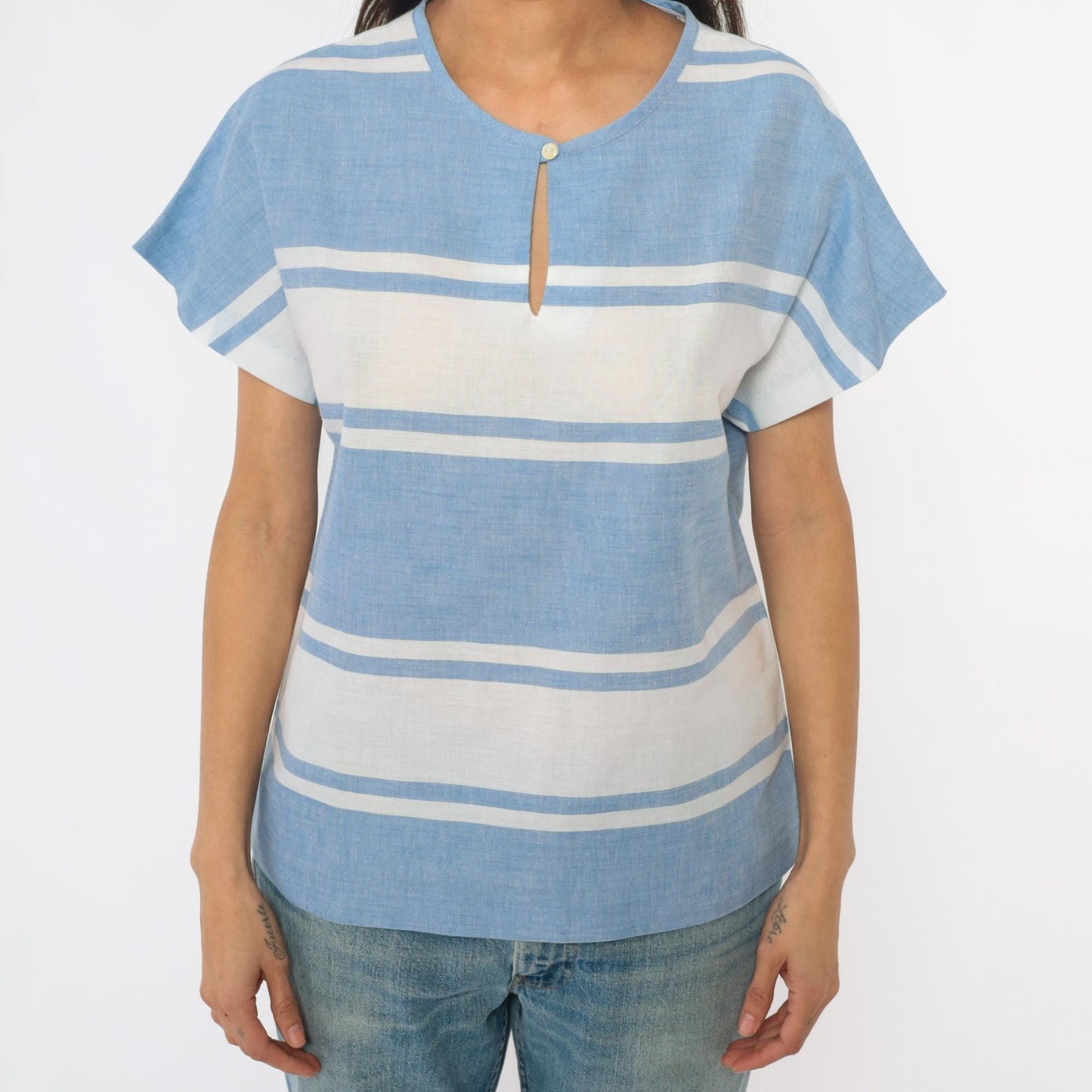 80s Graff Sport Blue White Striped Top Keyhole Neckline Small S