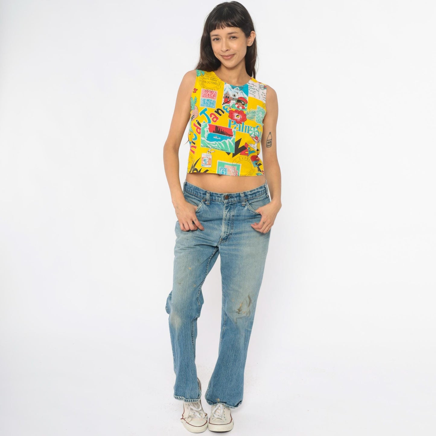 90s Yellow Crop Tank Postcard Print Novelty Sleeveless Top Extra Small XS