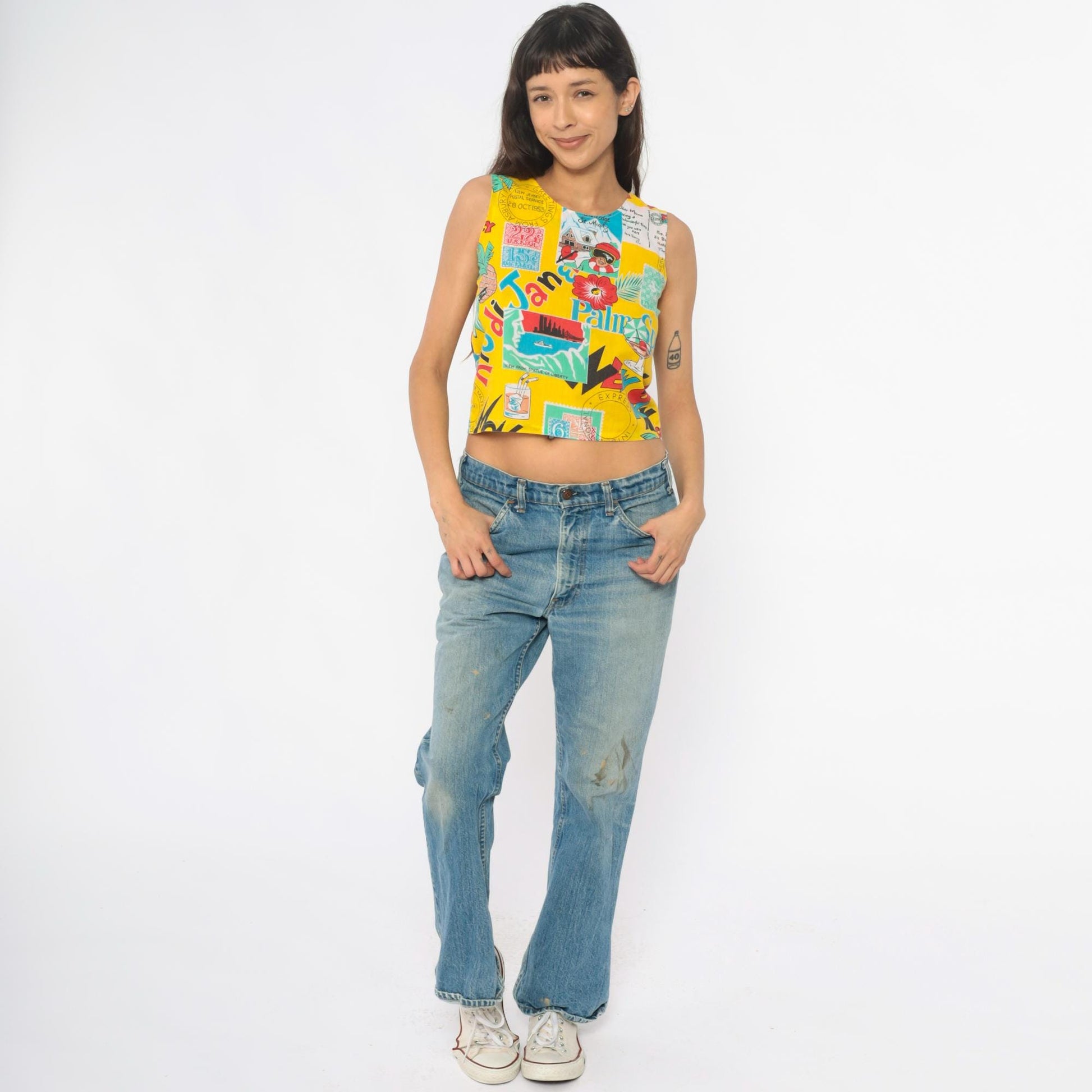 90s Yellow Crop Tank Postcard Print Novelty Sleeveless Top Extra Small XS