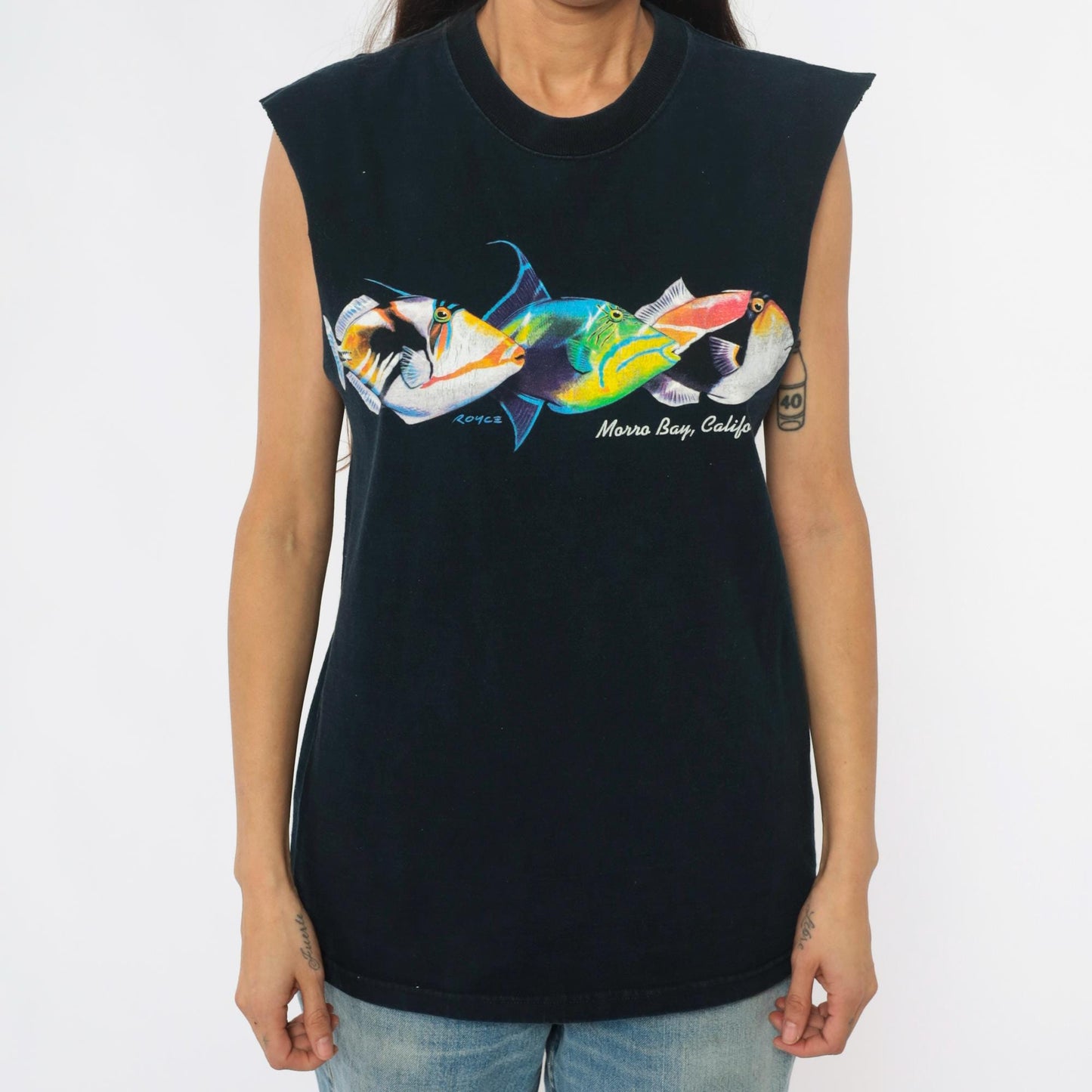 90s Fruit of the Loom Fish Tank Morro Bay Graphic Tank Top Black Cotton Medium M