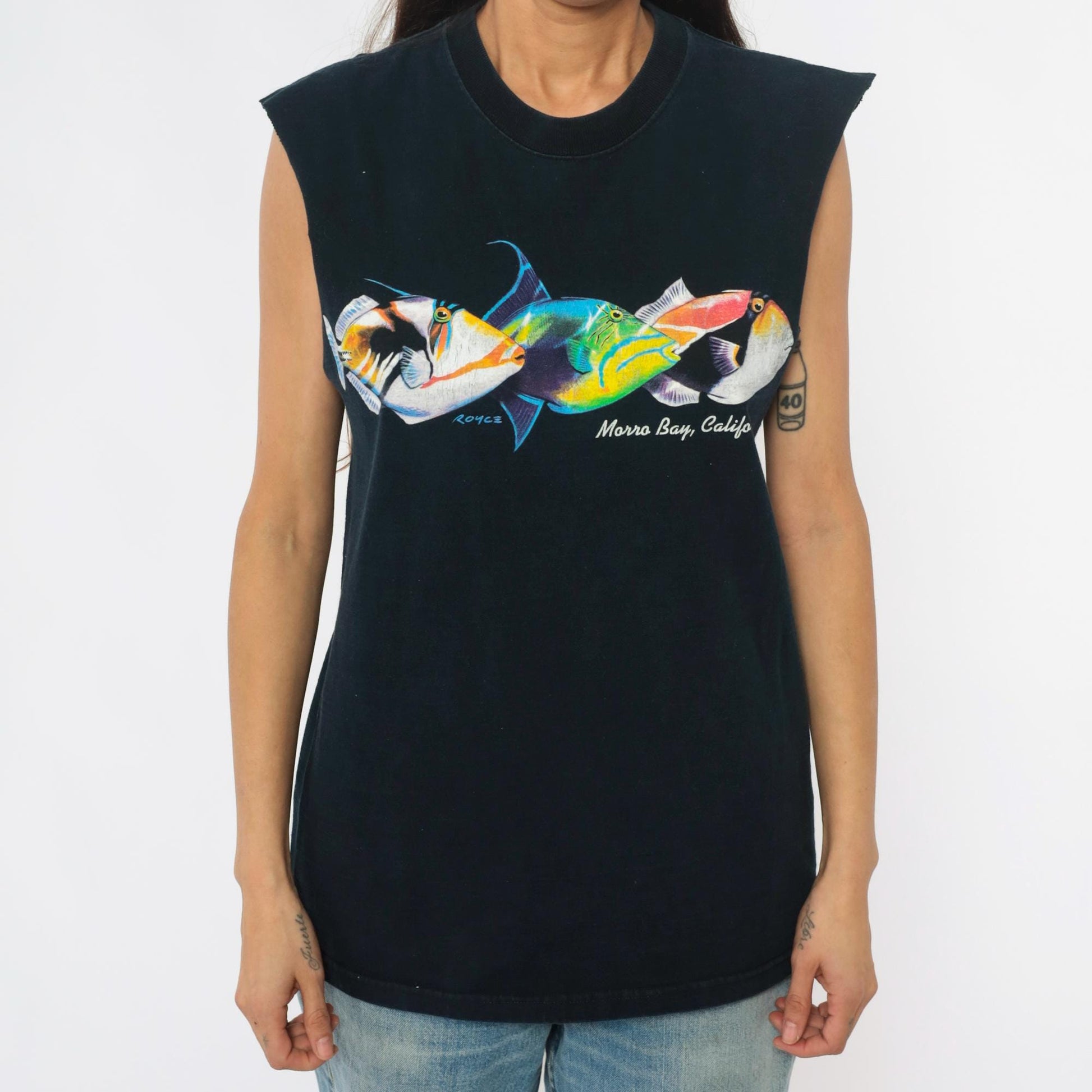 90s Fruit of the Loom Fish Tank Morro Bay Graphic Tank Top Black Cotton Medium M