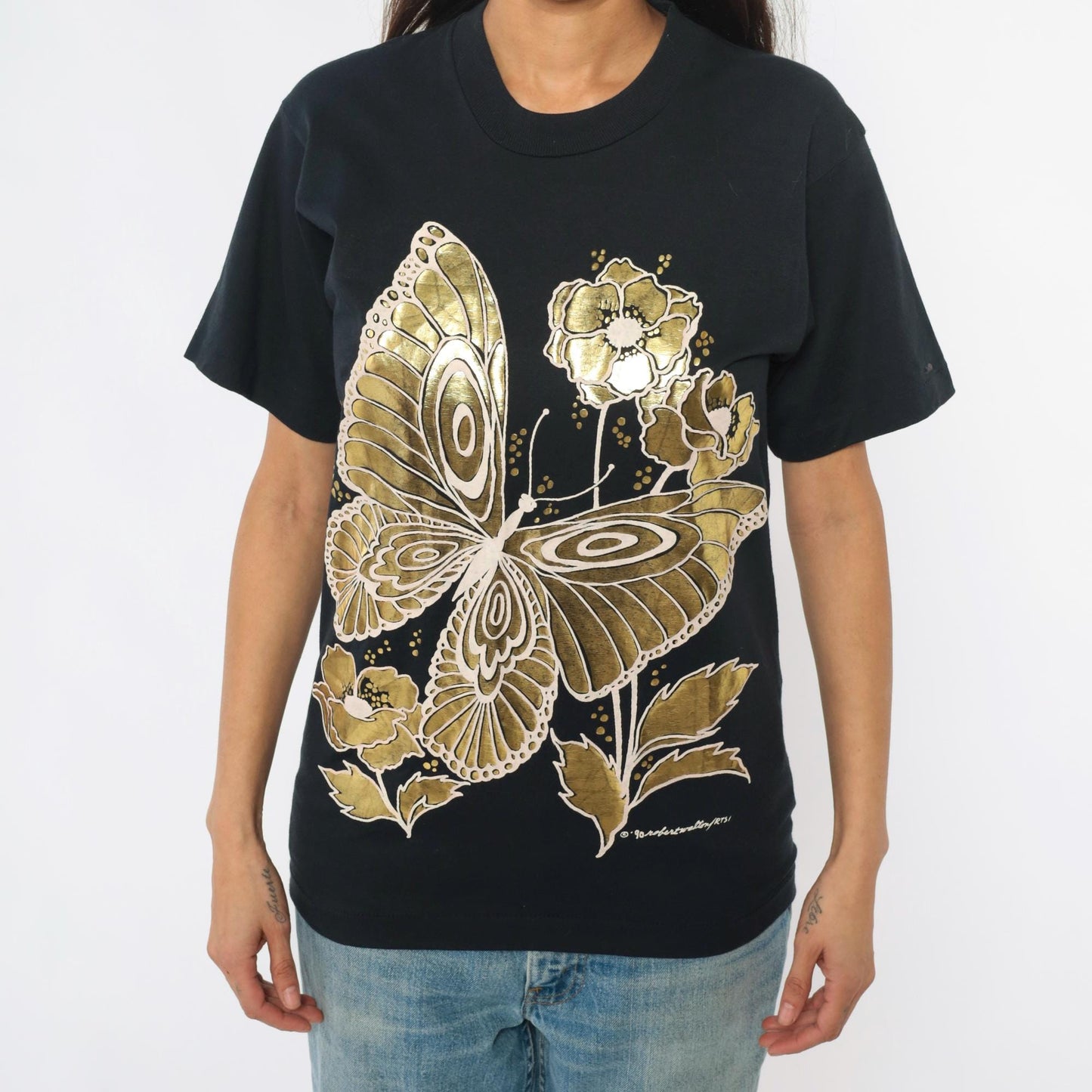 90s Gold Butterfly Floral Graphic T-Shirt Black Screen Stars Best Medium