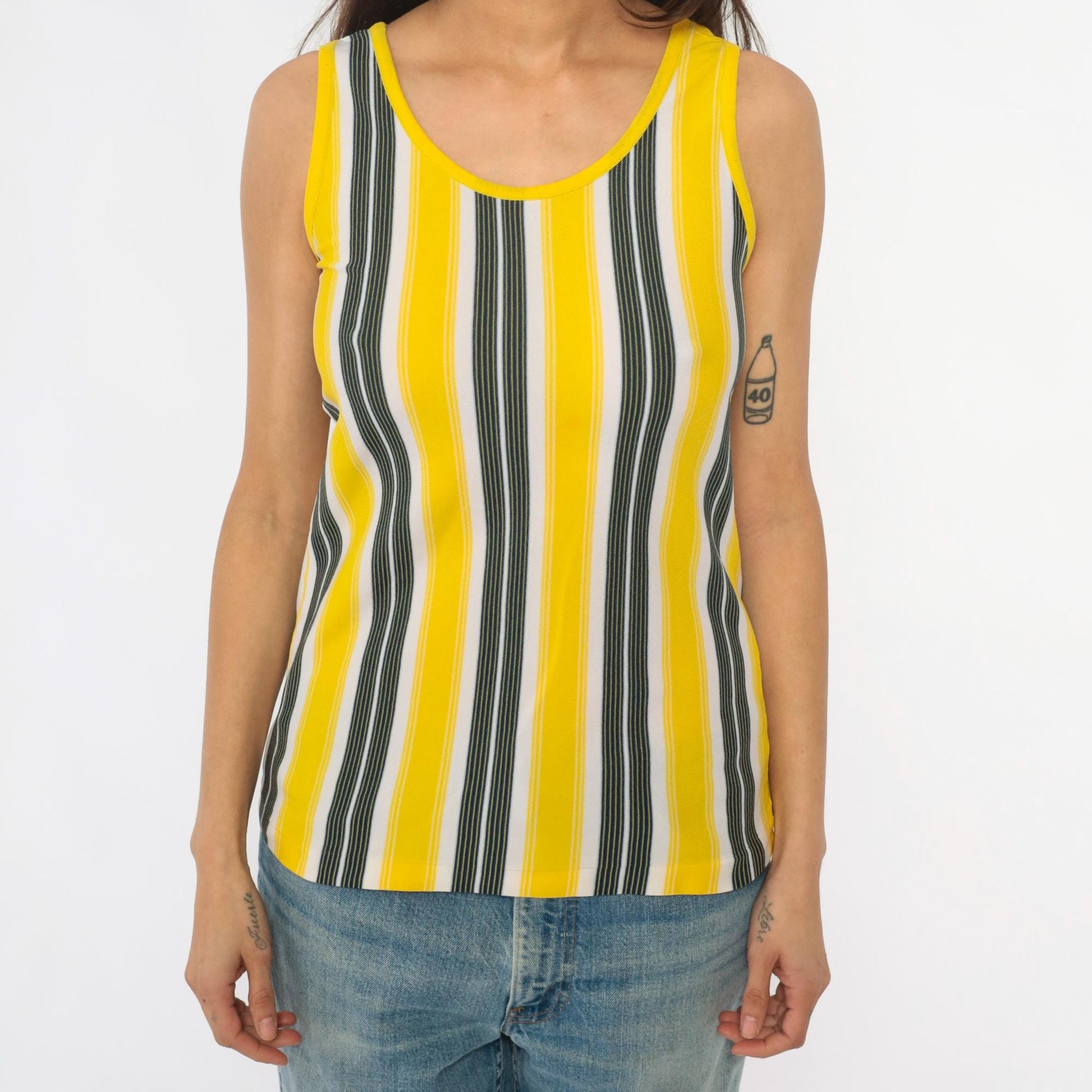 70s Yellow Black White Vertical Stripe Tank Top Scoop Neck Extra Small XS