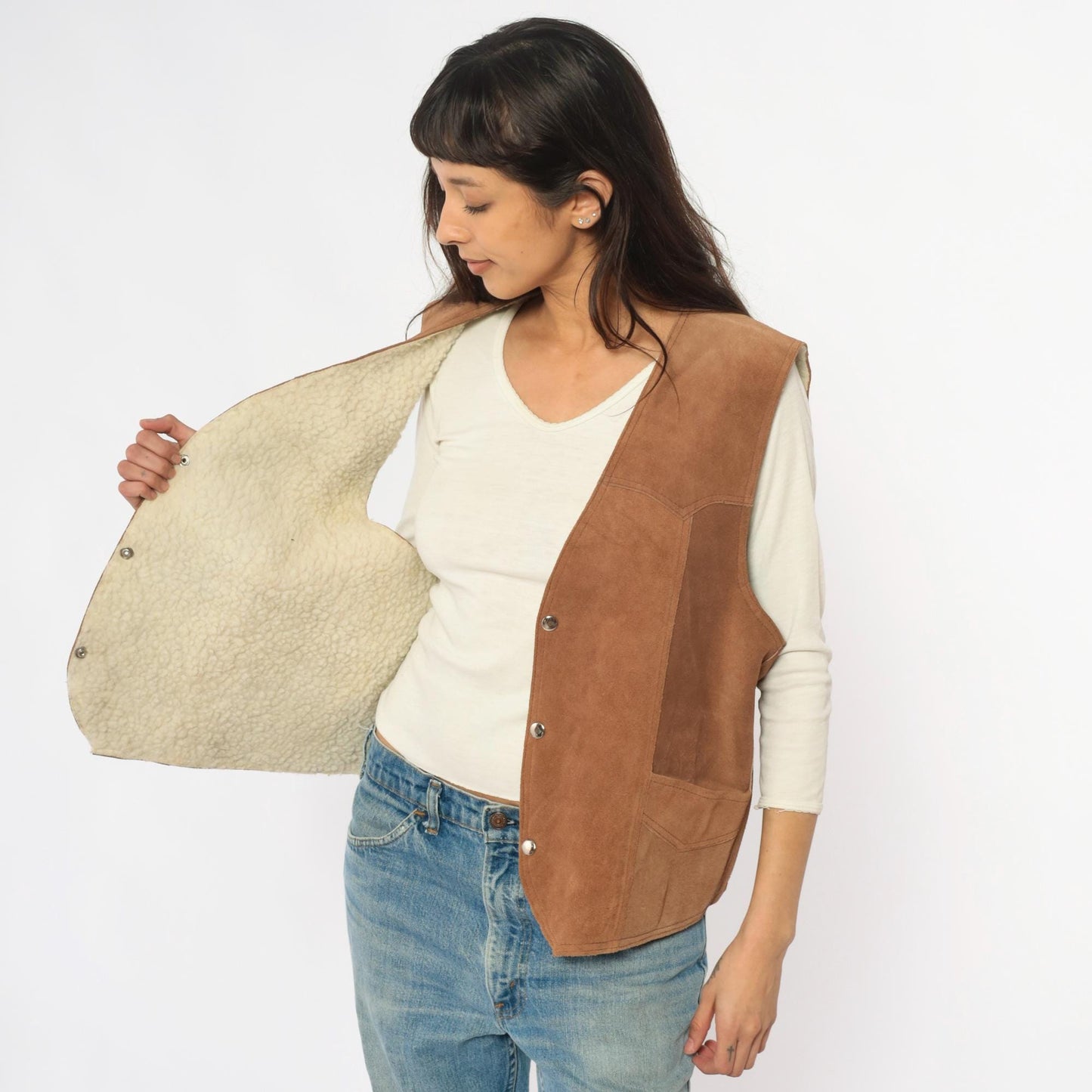 80s Brown Suede Vest Shearling Lined Snap Button Western Waistcoat Large L