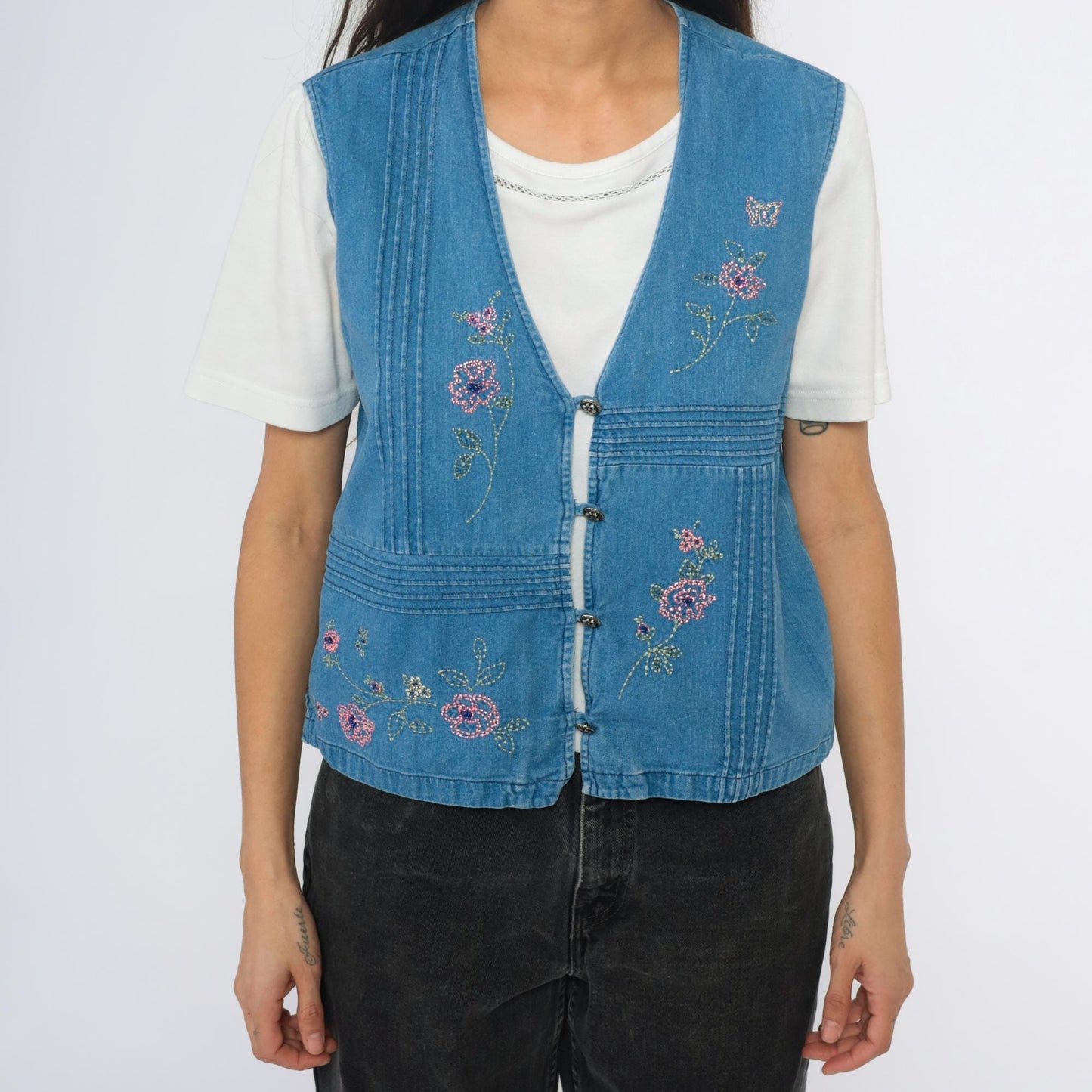 90s Blue Denim Vest Embroidered Floral Button Front Pintuck Small S